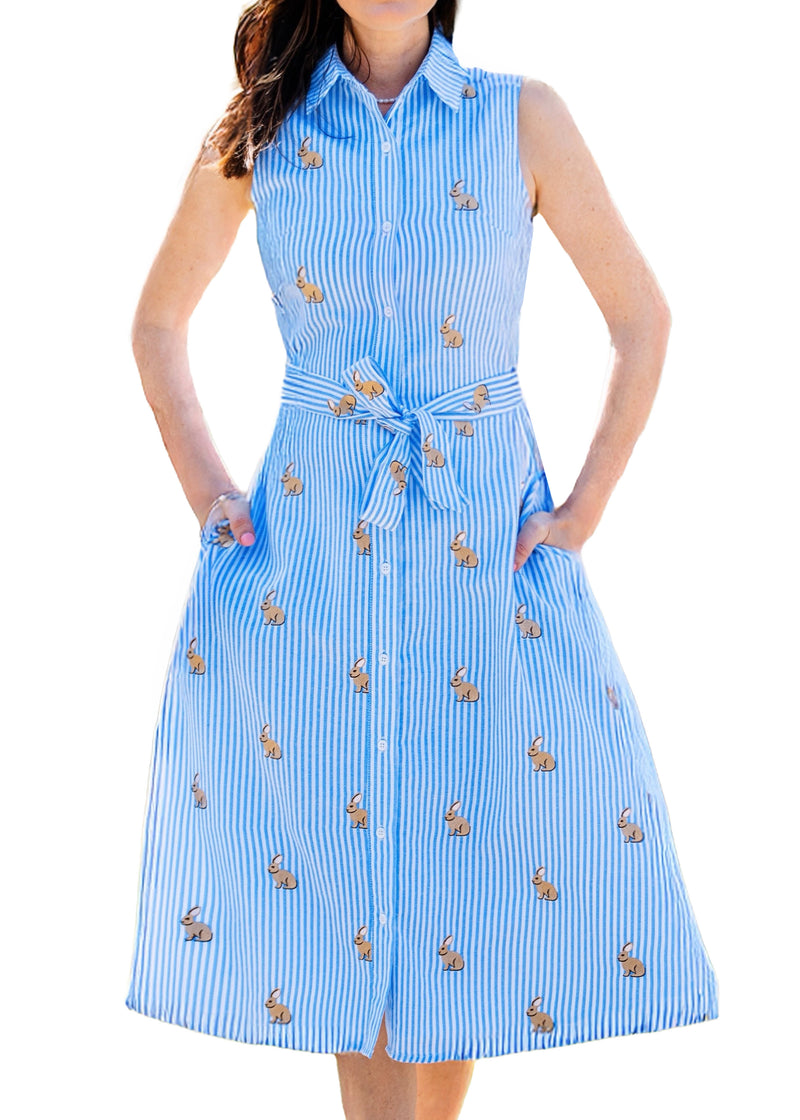 KJP Women's Bunny Meadow Embroidered Shirtdress in Blue and White Stripe 4