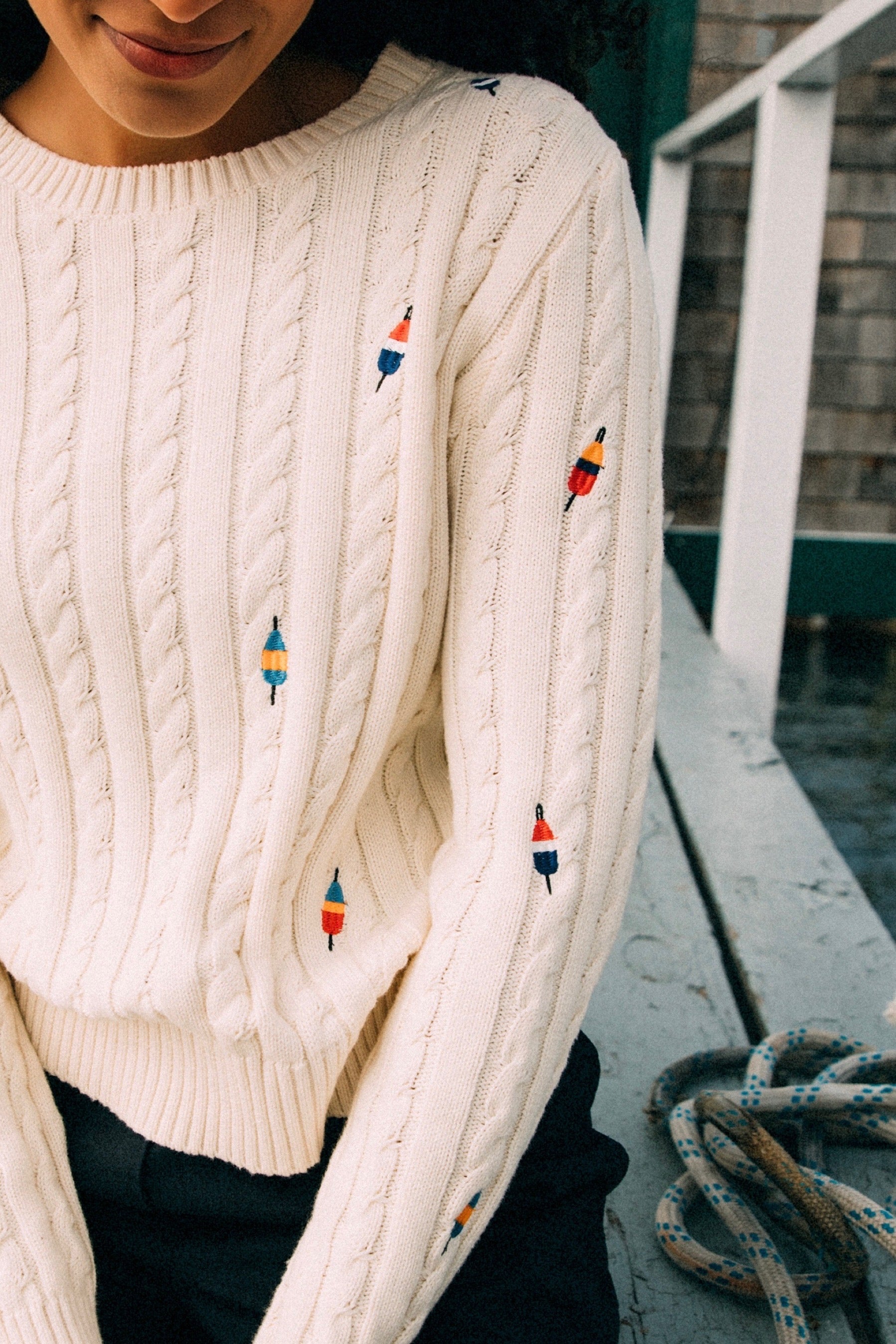 KJP Women's Buoy Embroidered Cable Knit Sweater in White