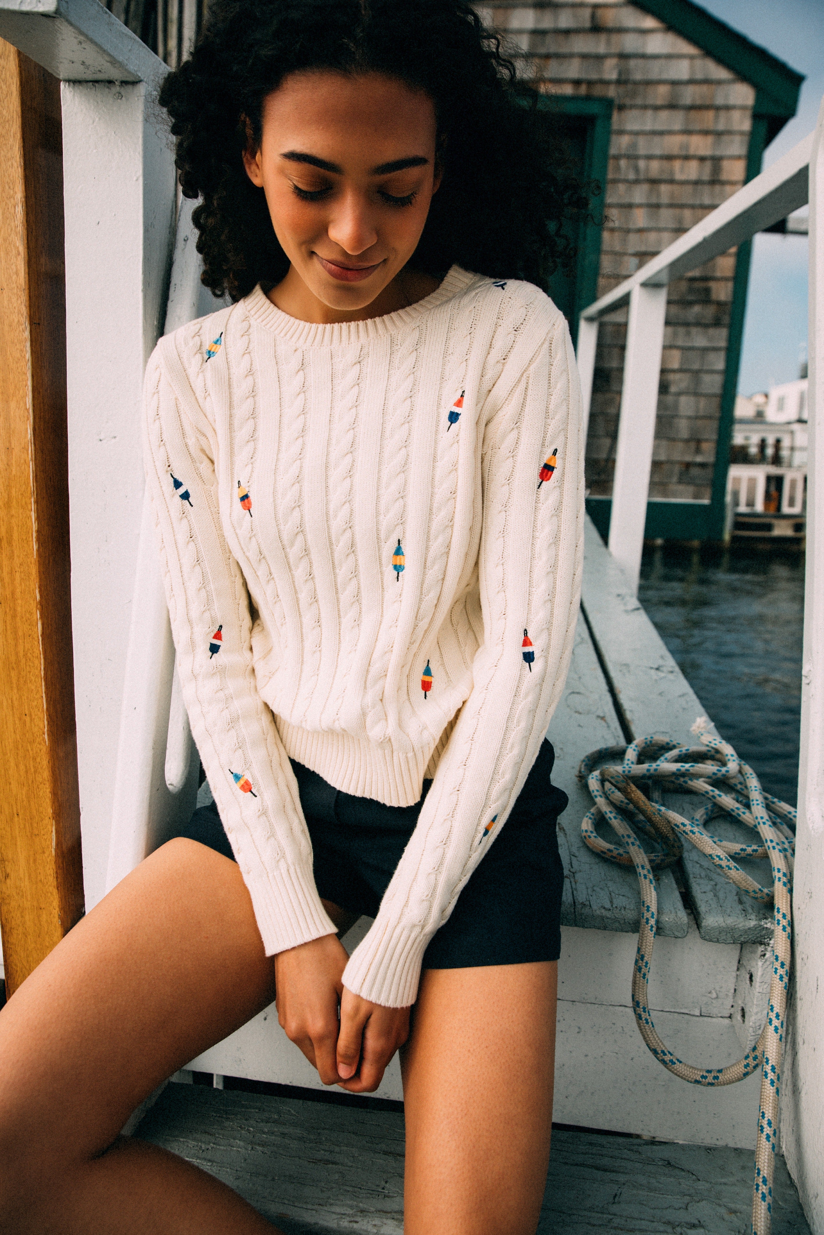 KJP Women's Buoy Embroidered Cable Knit Sweater in White