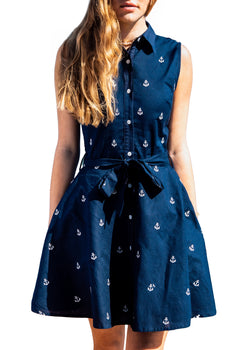 KJP Women's Cape Anchor Embroidered Belted Dress in Navy Blue Kiel James Patrick KJP Women's Cape Anchor Embroidered Belted Dress in Navy Blue Kiel James Patrick