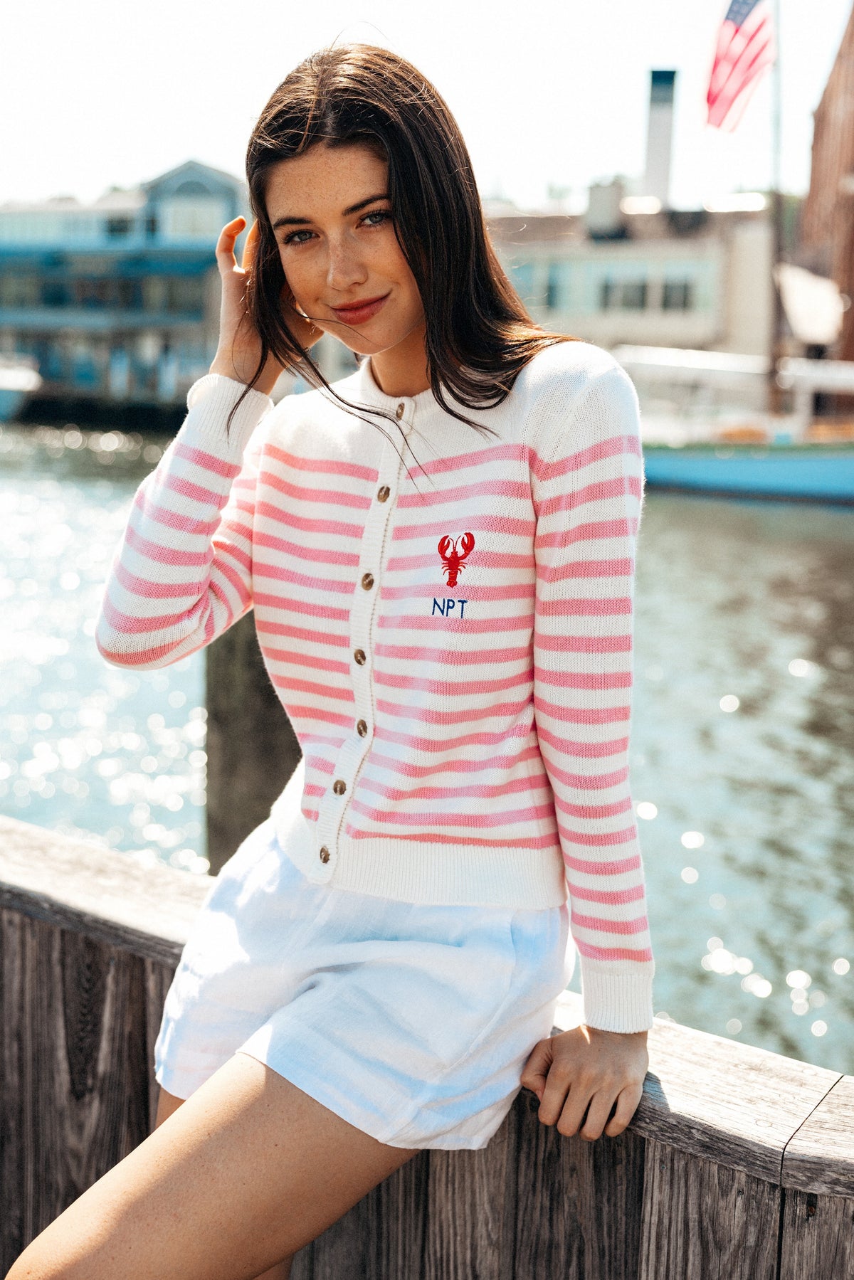 New England Lobster Embroidered Monogram Striped Cardigan