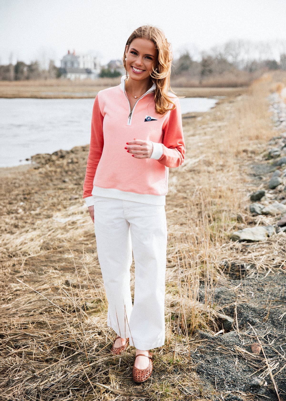 Coral Blush Colorblock Quarter Zip - Women's