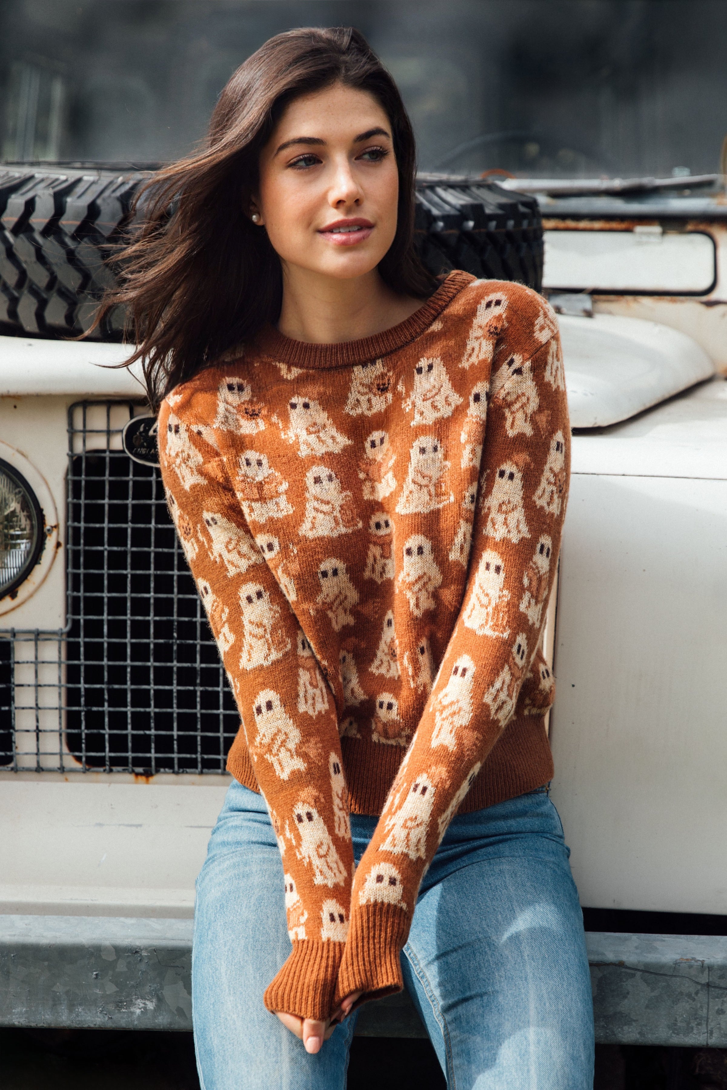 KJP Women's Cozy Ghost Crewneck Halloween Sweater