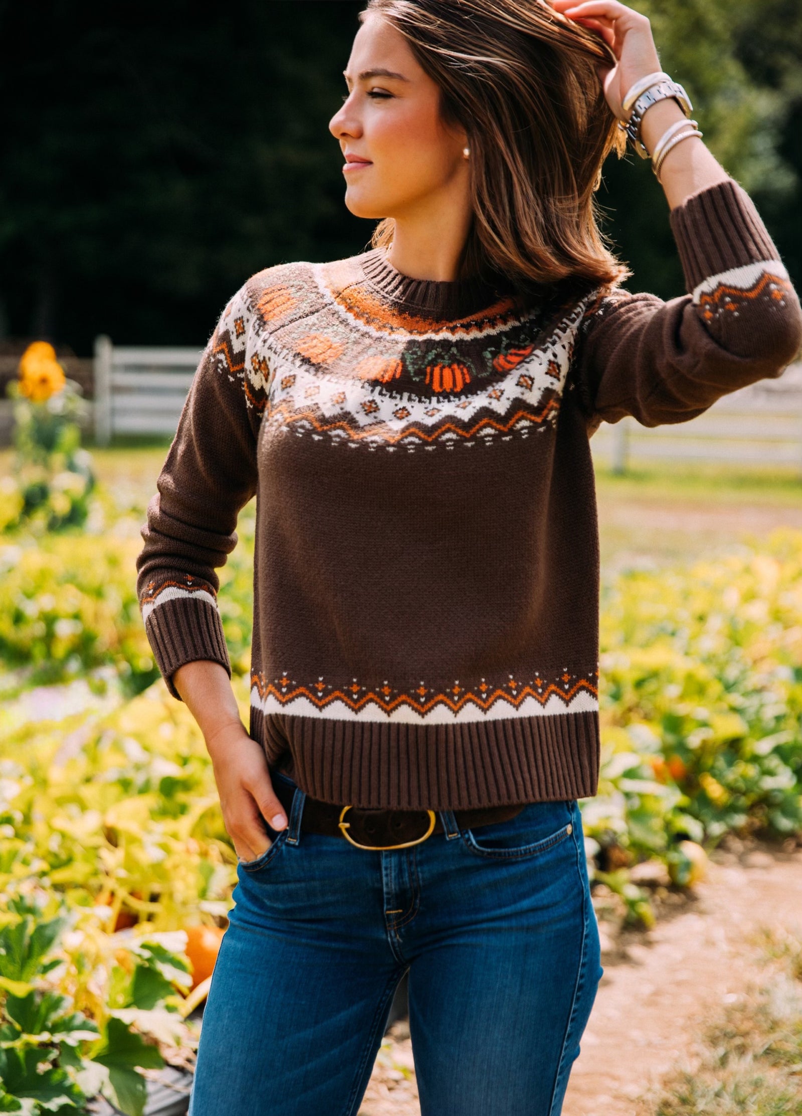 KJP Women's Cozy Pumpkin Fair Isle Crewneck Fall Sweater in Brown