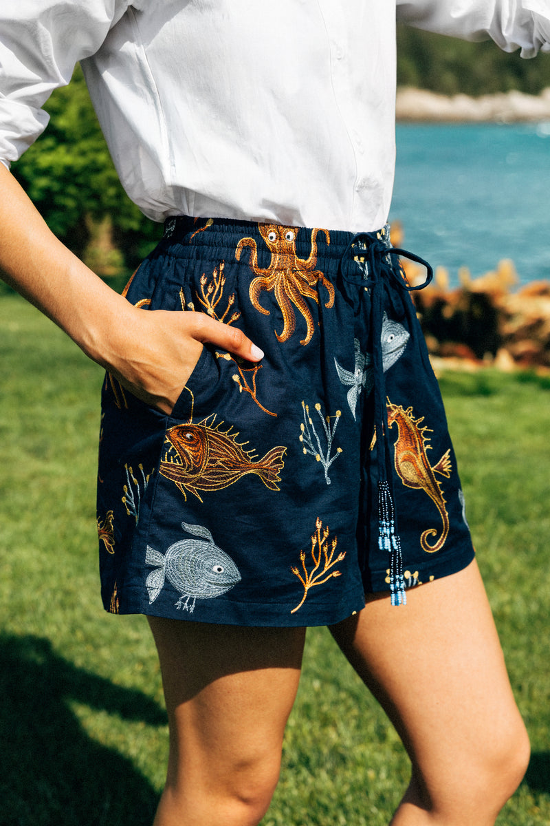 KJP Women's Deep Blue Sea Embroidered Linen/Cotton Shorts in Navy
