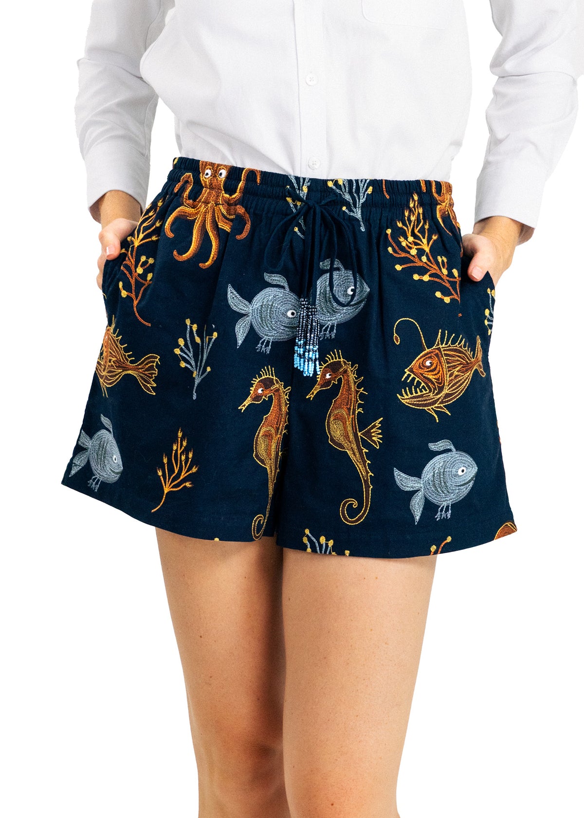 The Deep Blue Sea Embroidered Shorts in Navy