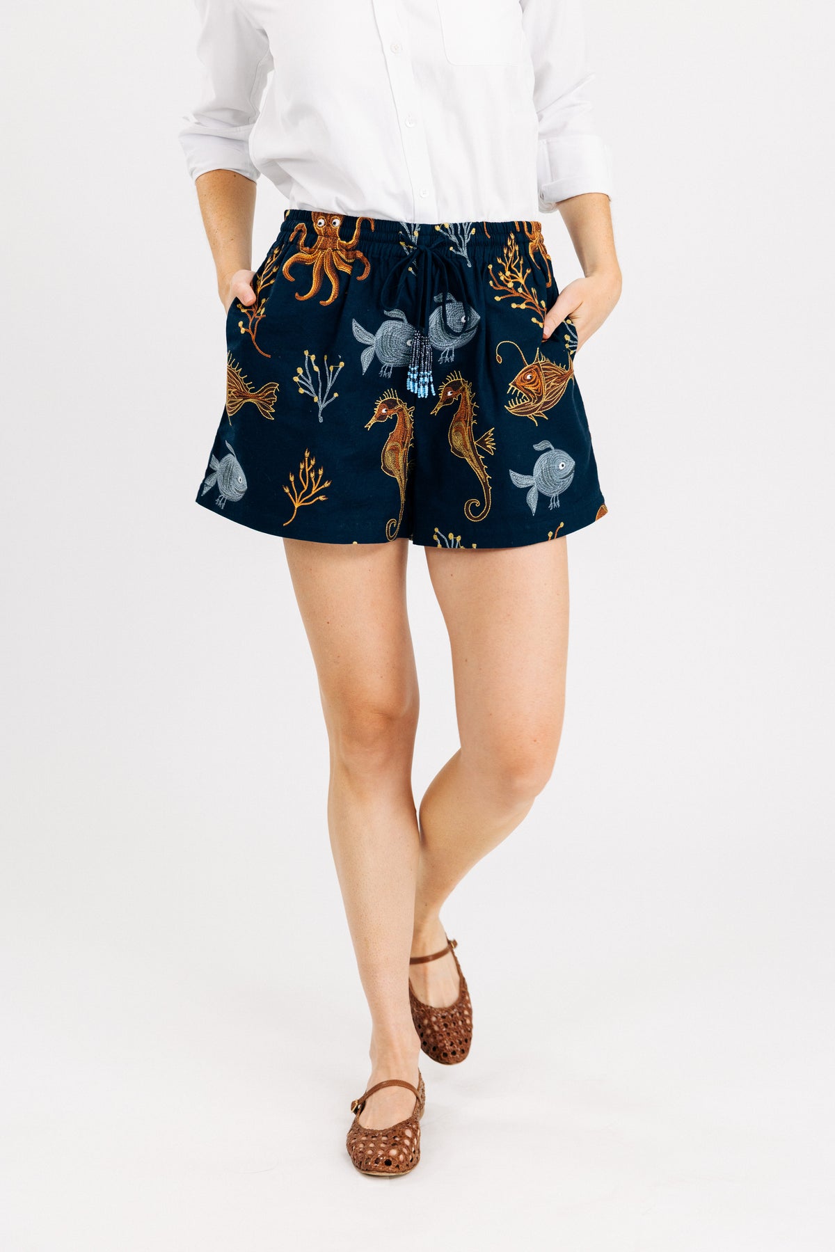 The Deep Blue Sea Embroidered Shorts in Navy