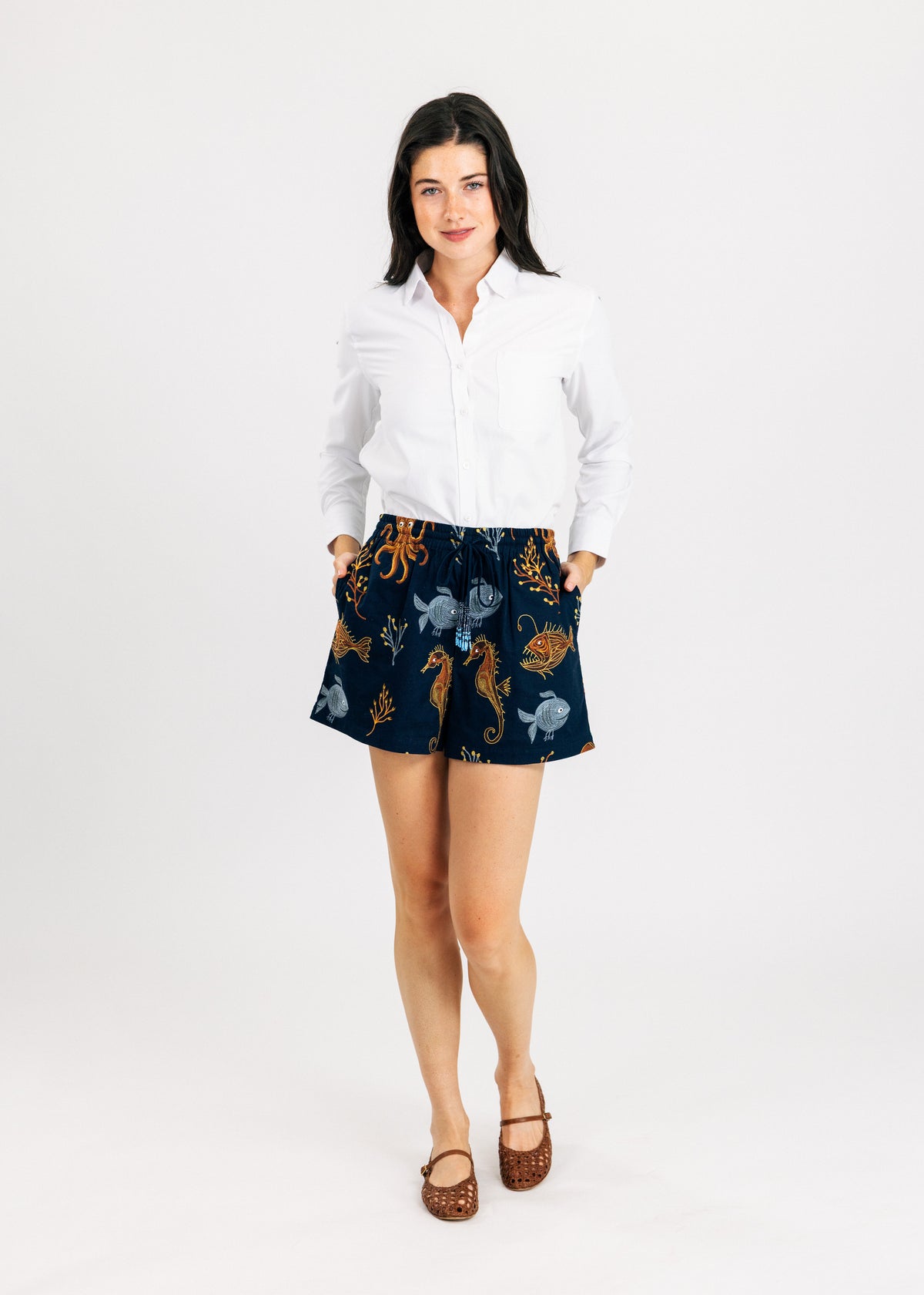 The Deep Blue Sea Embroidered Shorts in Navy
