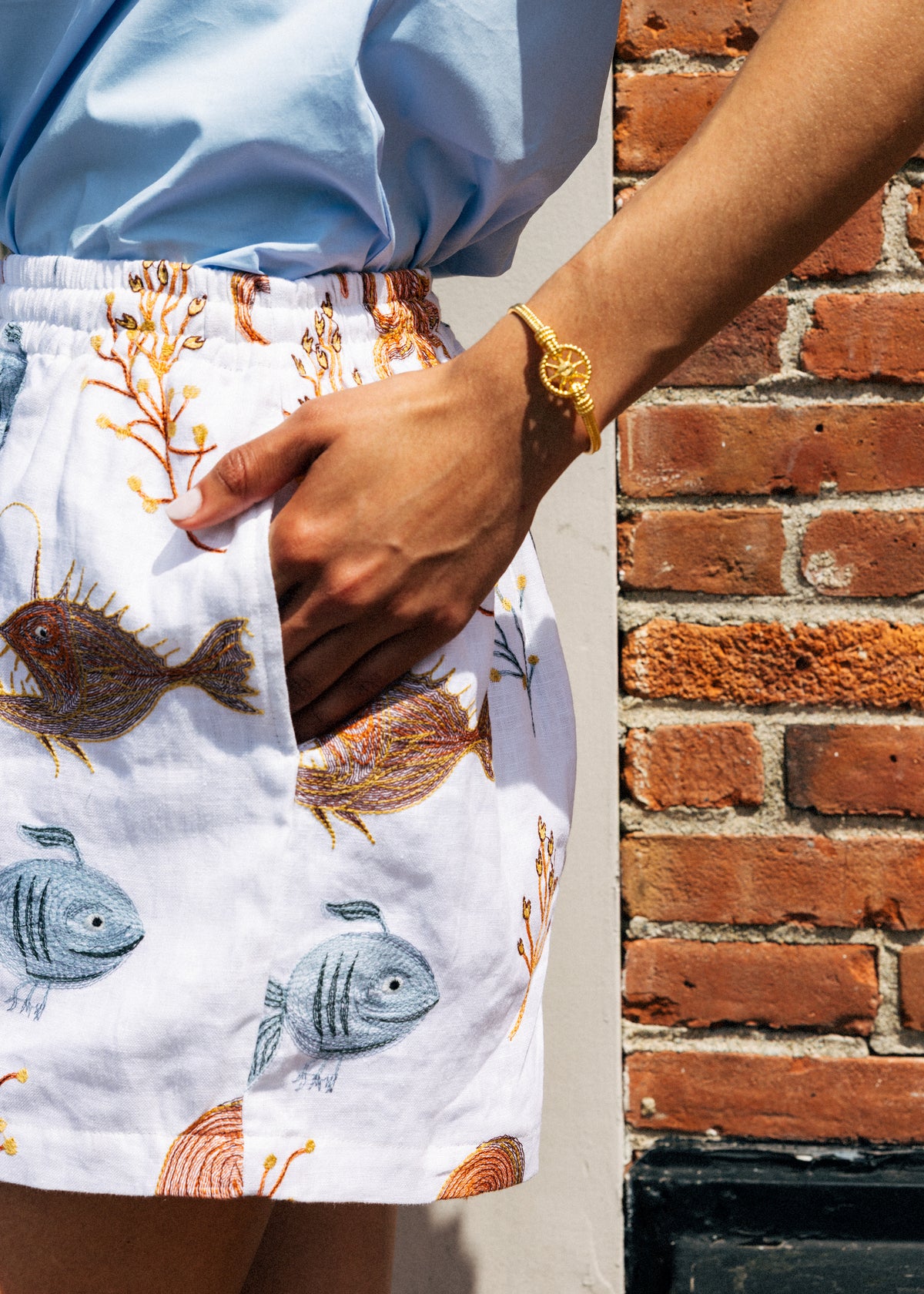 The Deep Blue Sea Embroidered Shorts in White