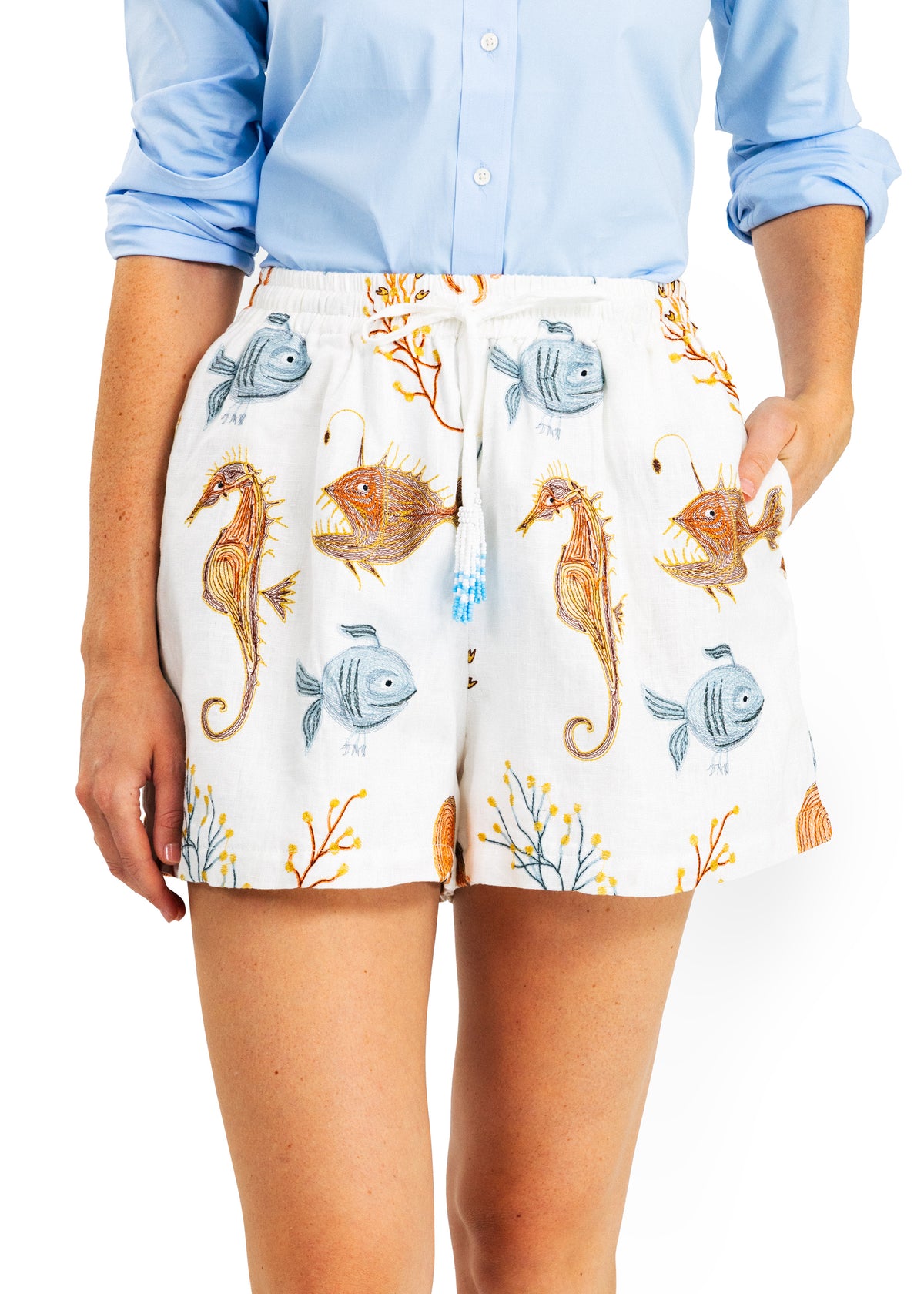 The Deep Blue Sea Embroidered Shorts in White