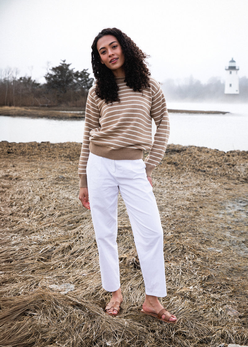 KJP Women's Dockside Cotton Rollneck Sweater in Brown and White