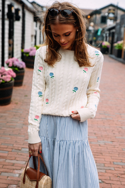 Hydrangea Embroidered Cable Knit Sweater