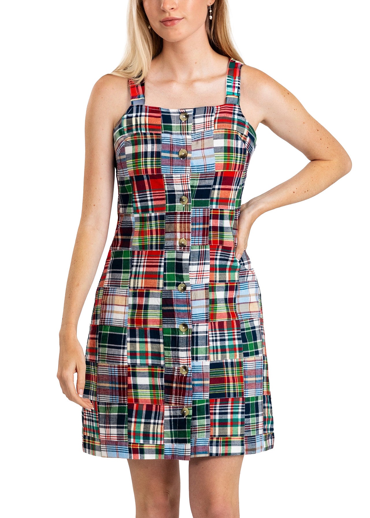 Essex Patchwork Madras Button Down Shift Dress