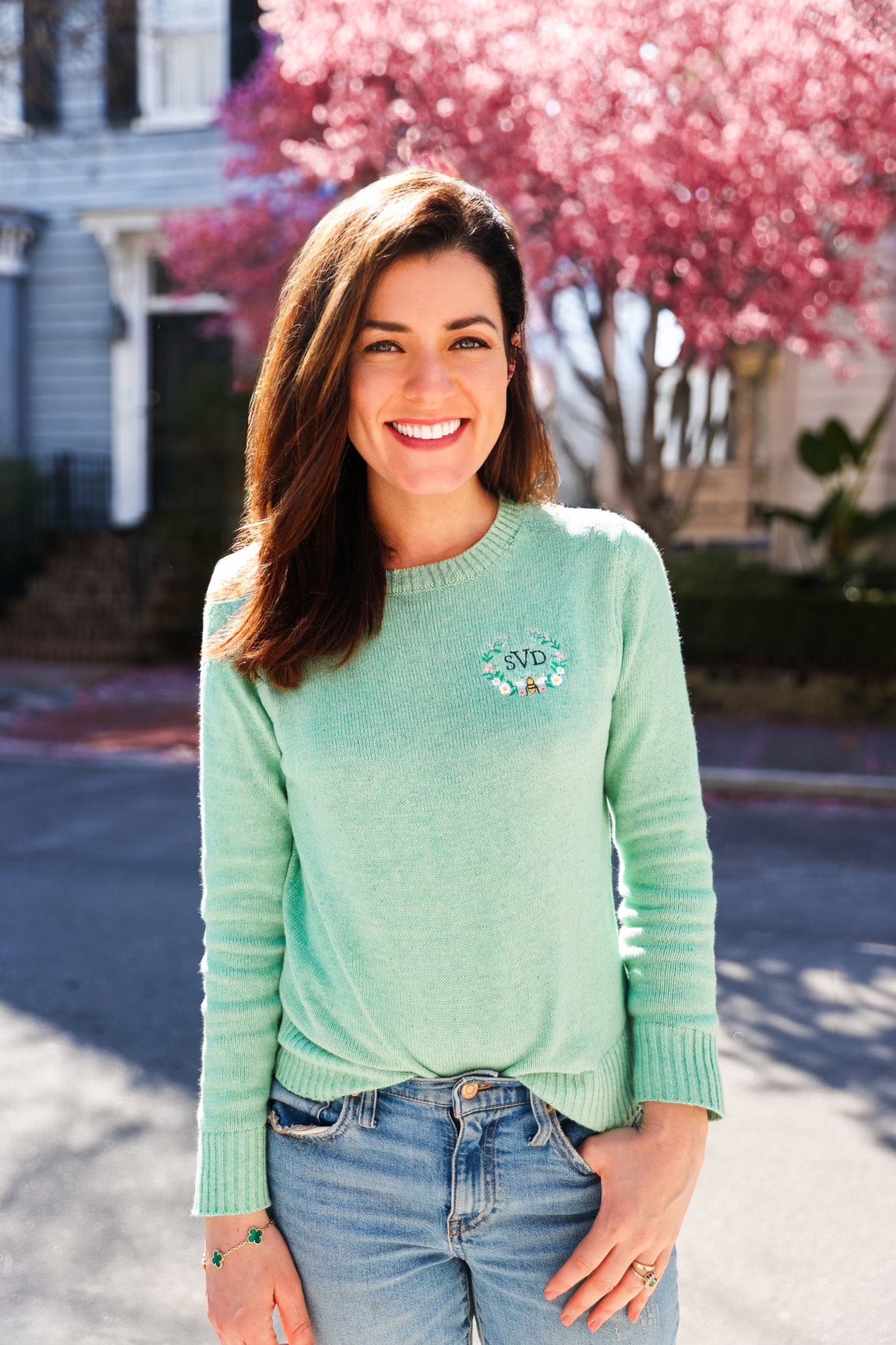 KJP Women's Garden Bee Embroidered Monogram Sweater in Green
