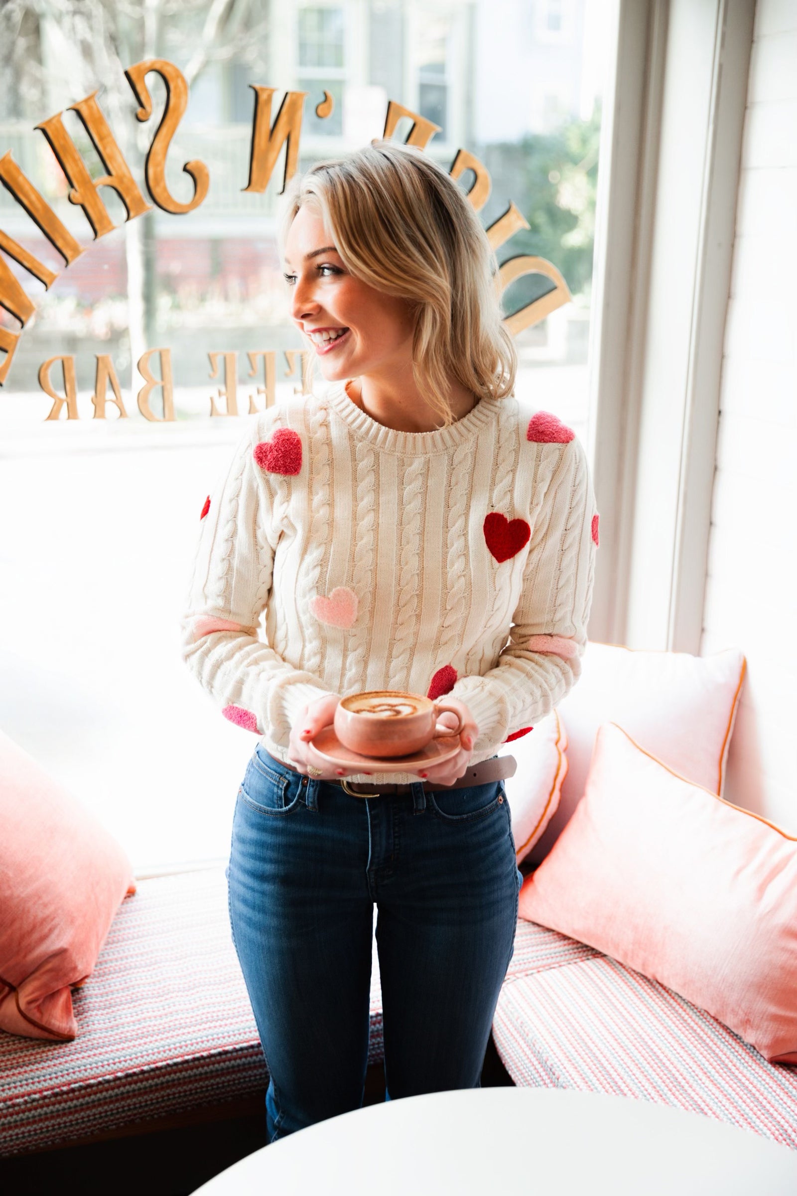 KJP Women's Heart Cable Knit Sweater in Cream White – Kiel James