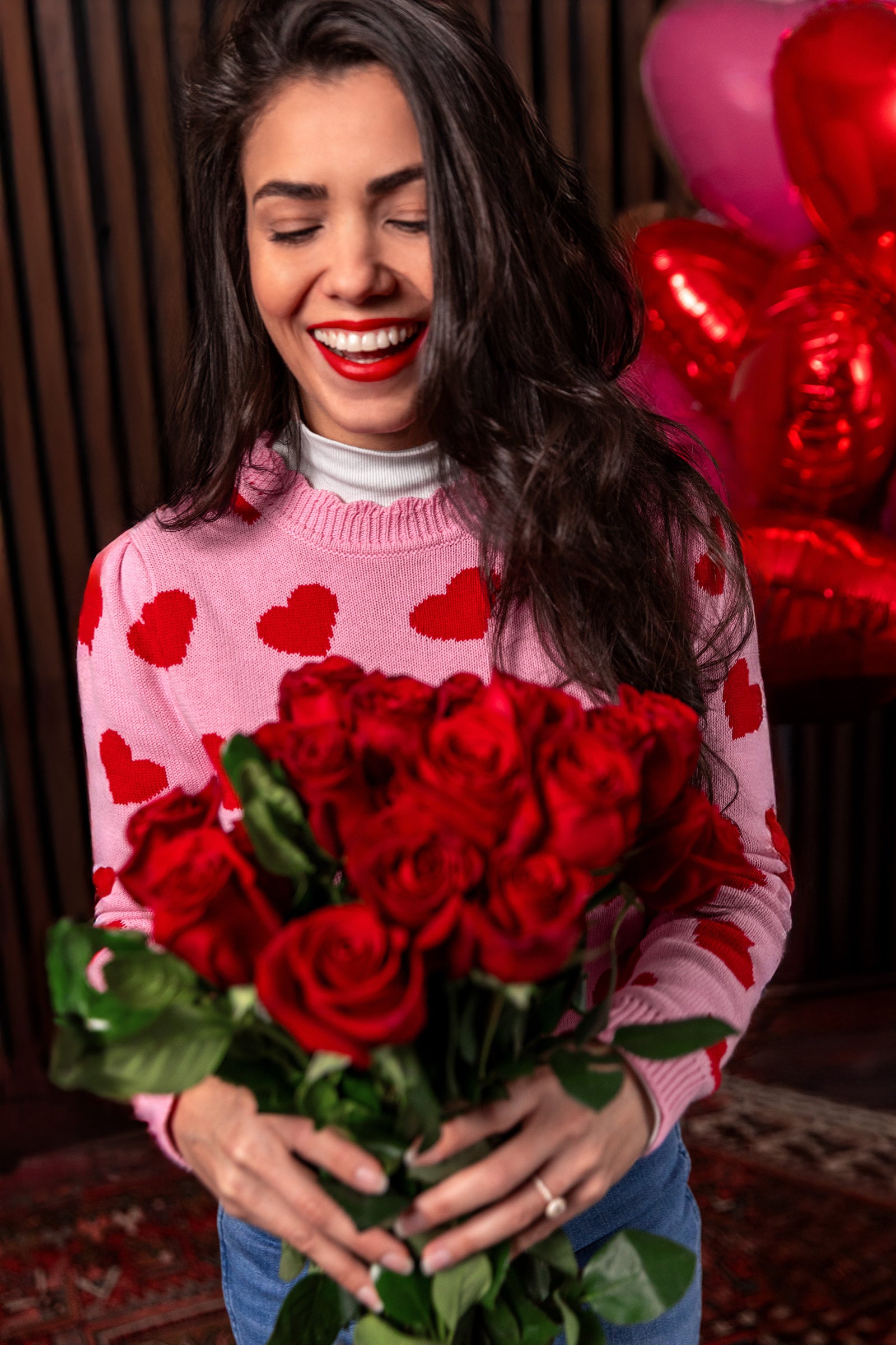RASSVET Heart Polo knit ハートニットポロ ローズ着用 KJP Women's Valentine's Day Heart Scalloped Neck Sweater in Pink