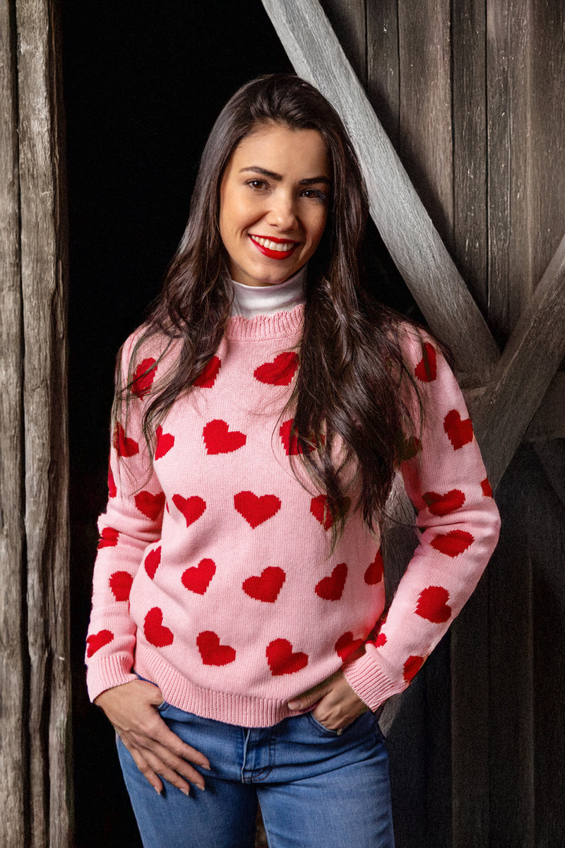 KJP Women's Valentine's Day Heart Scalloped Neck Sweater in Pink