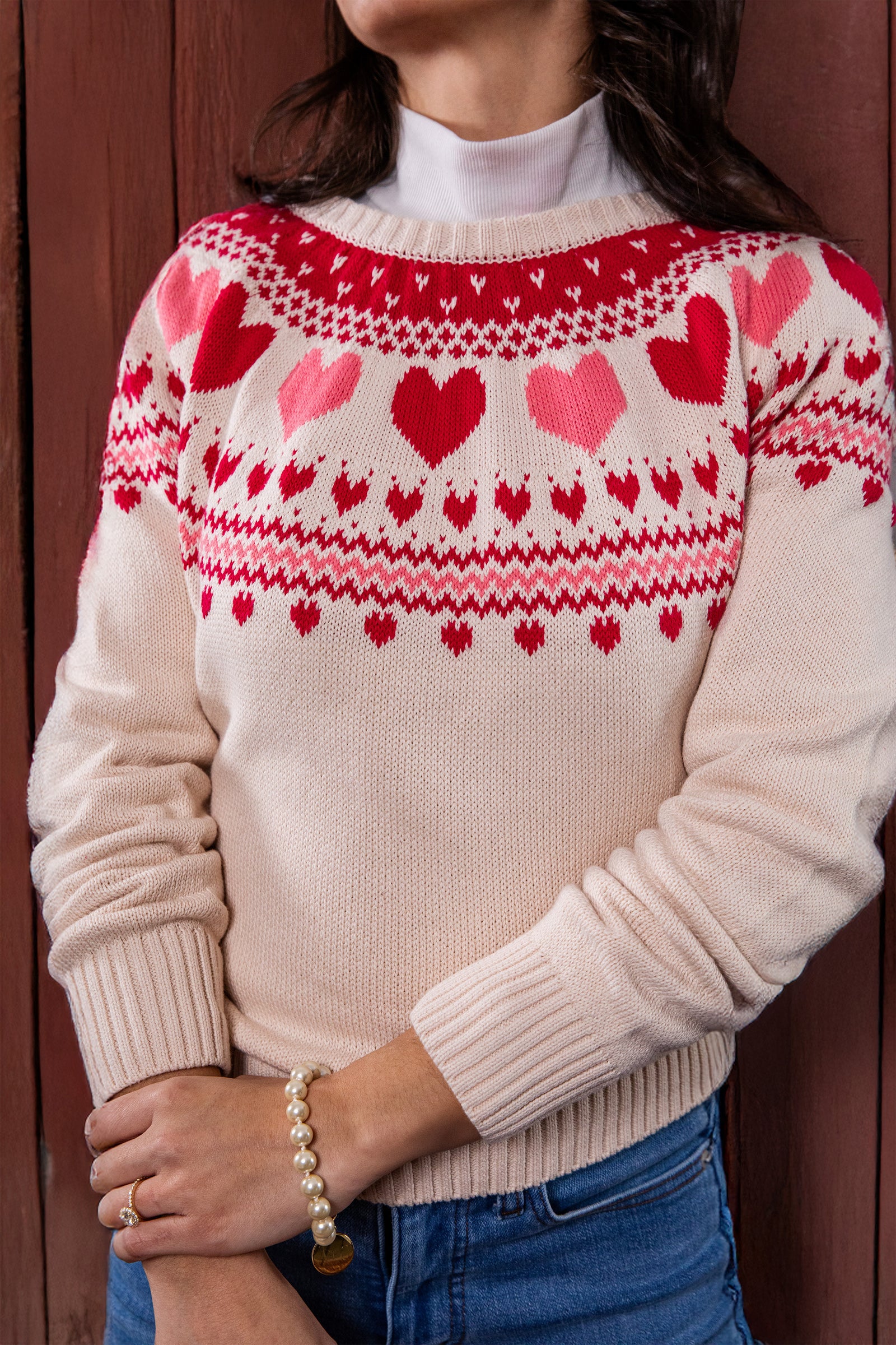 janpari ニット sサイズ KJP Women's Heartwarmer Fair Isle Crewneck Sweater in Red/White
