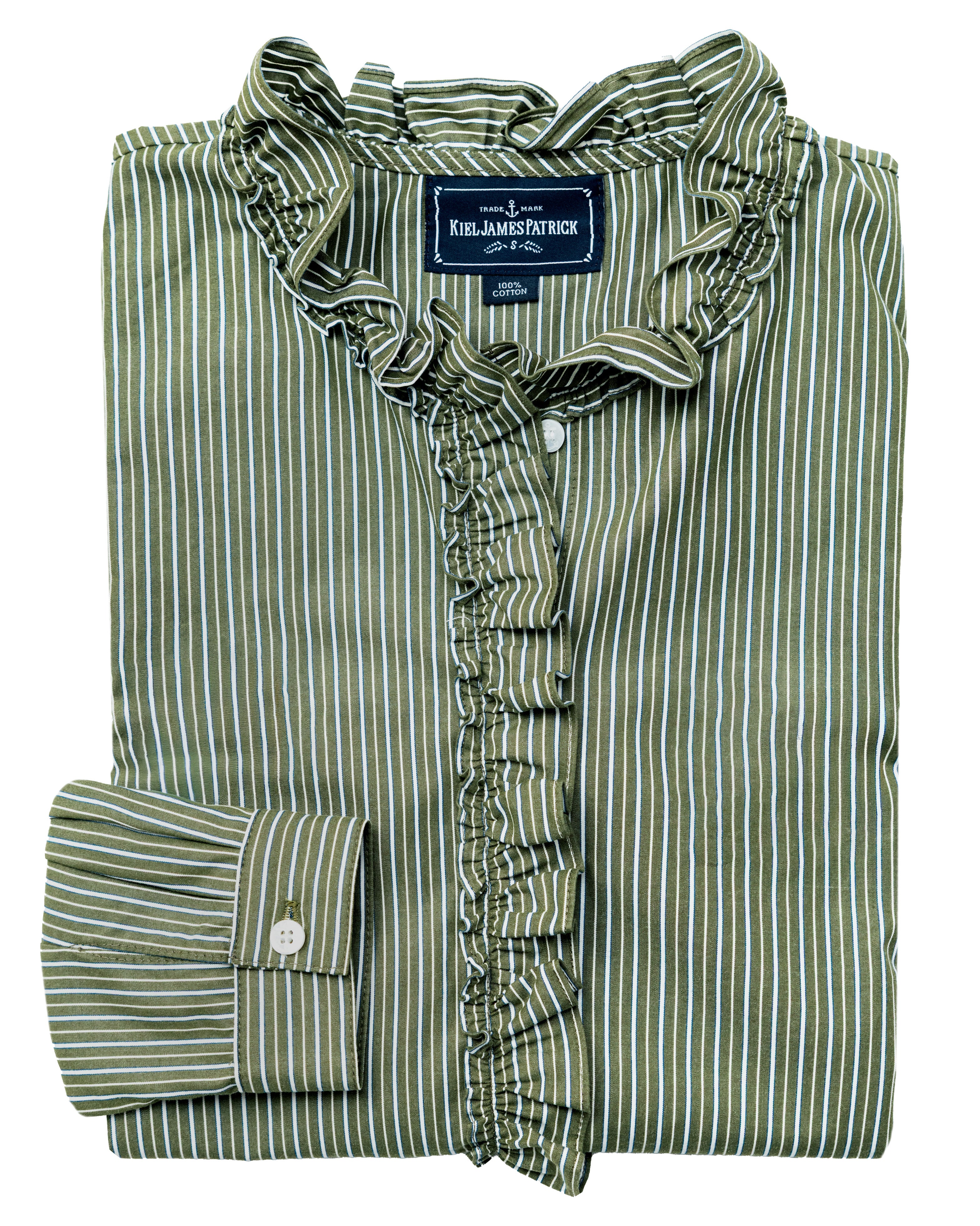 Heritage Stripe Ruffle Shirt in Moss