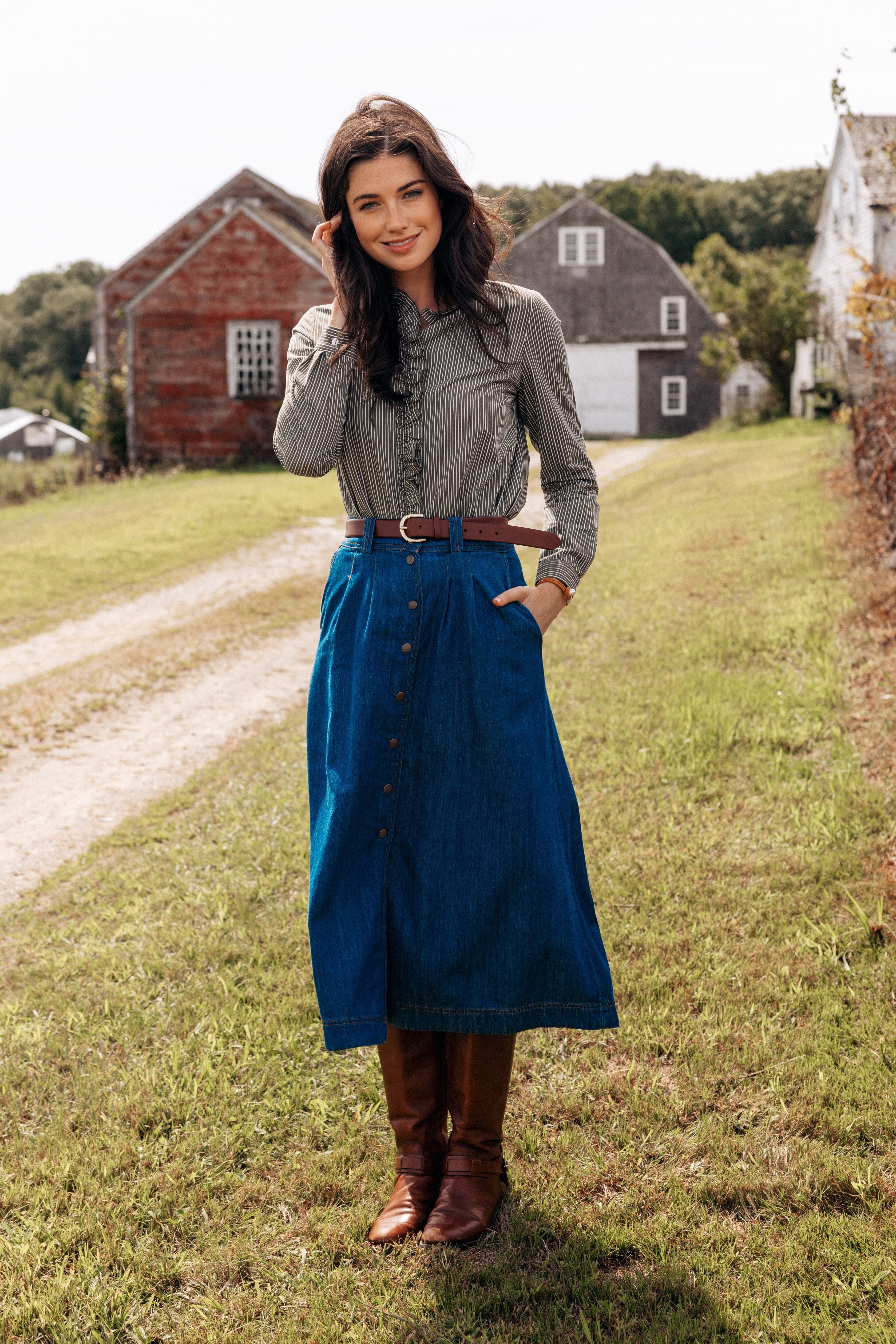 Heritage Stripe Ruffle Shirt in Moss