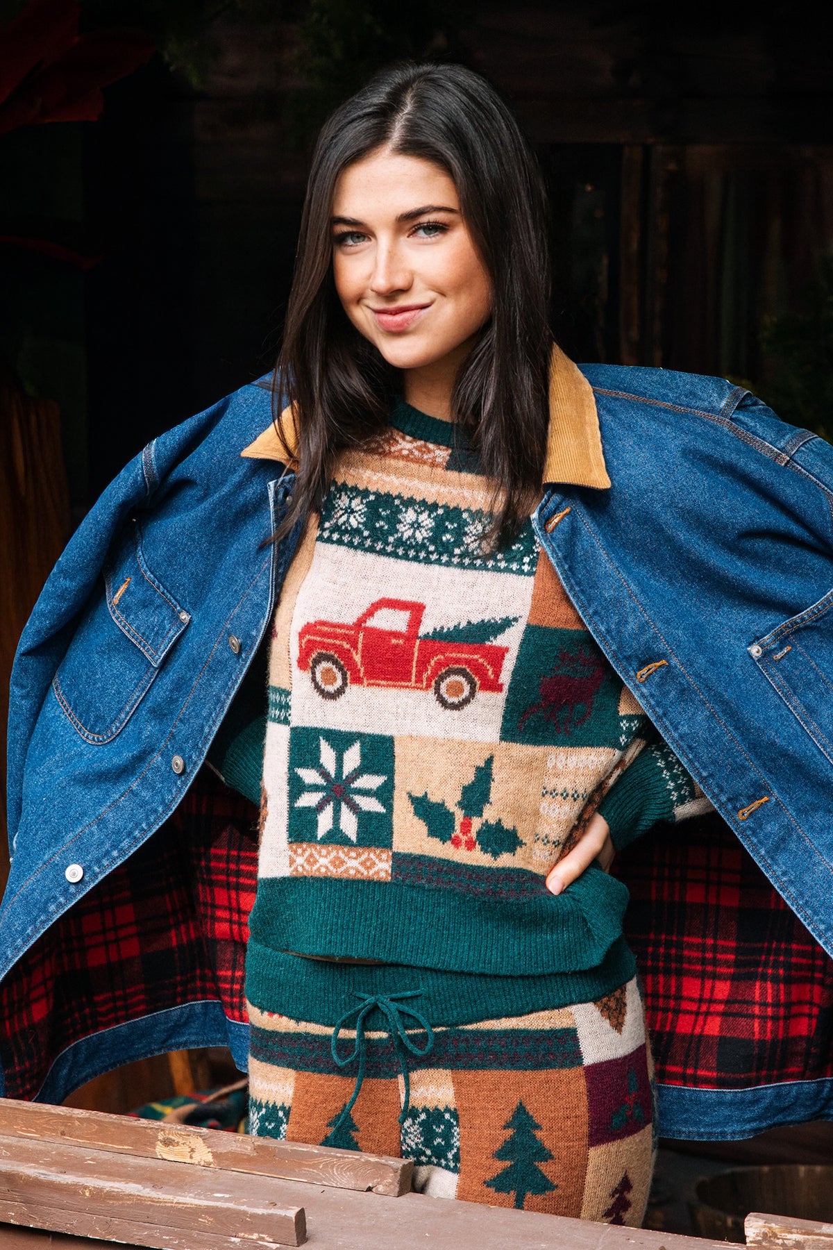 KJP Women's Holiday Truck Patchwork Crewneck Holiday Sweater