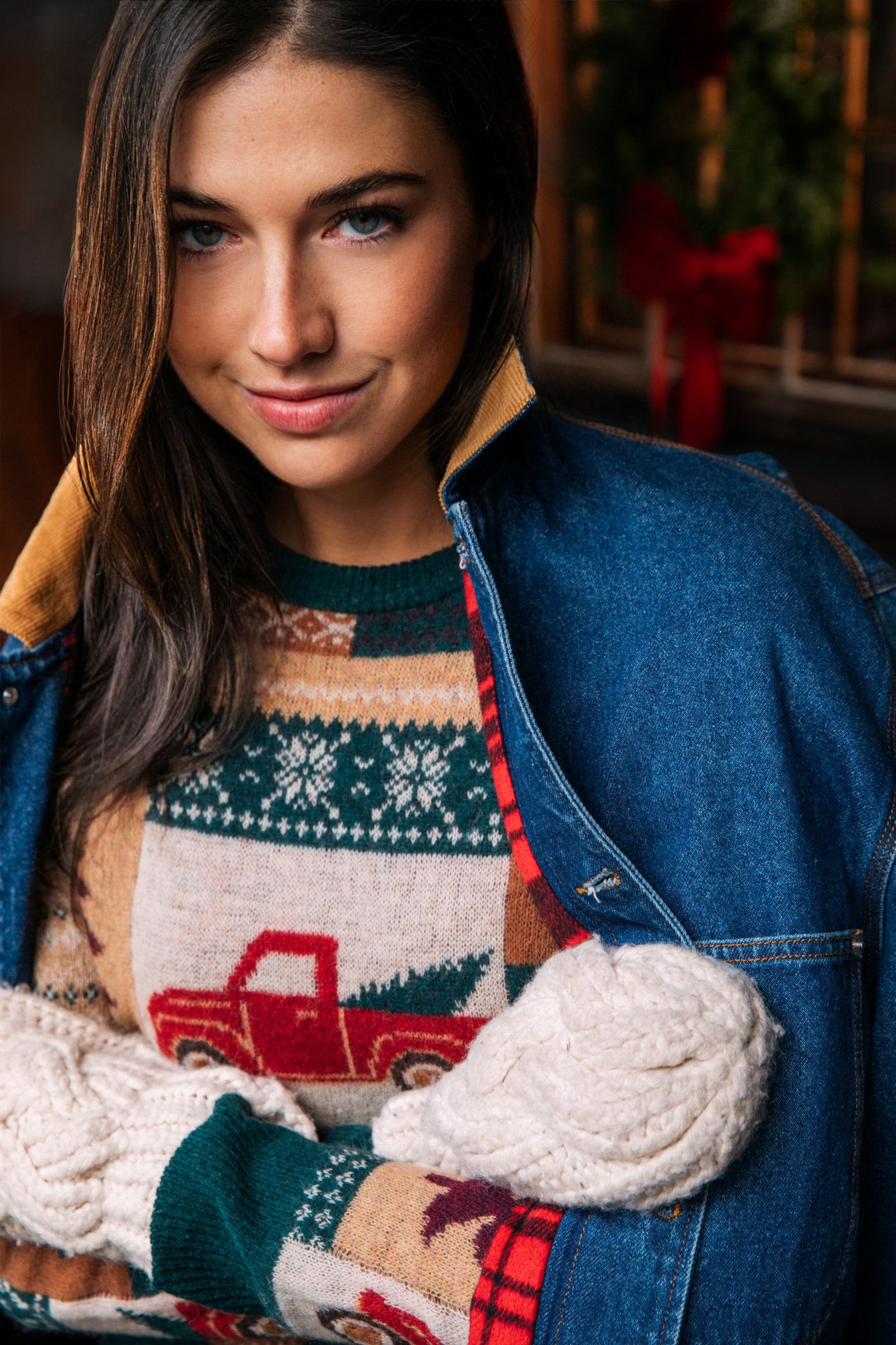 KJP Women's Holiday Truck Patchwork Crewneck Holiday Sweater
