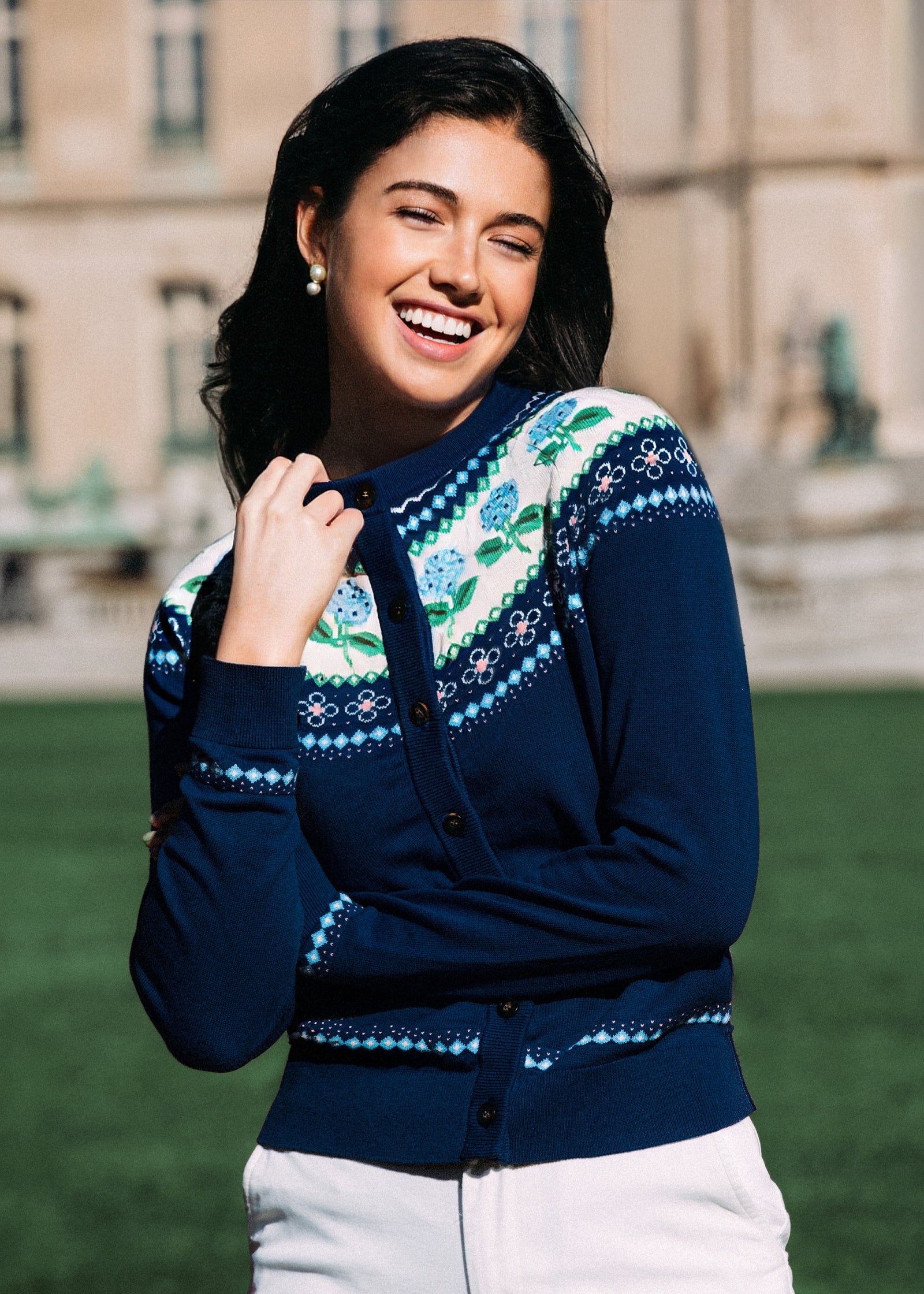 【PINUE】マルチカラーニットタンク（DARKRED×MINT） KJP Women's Nantucket Hydrangea Fair Isle Cardigan Sweater in Navy