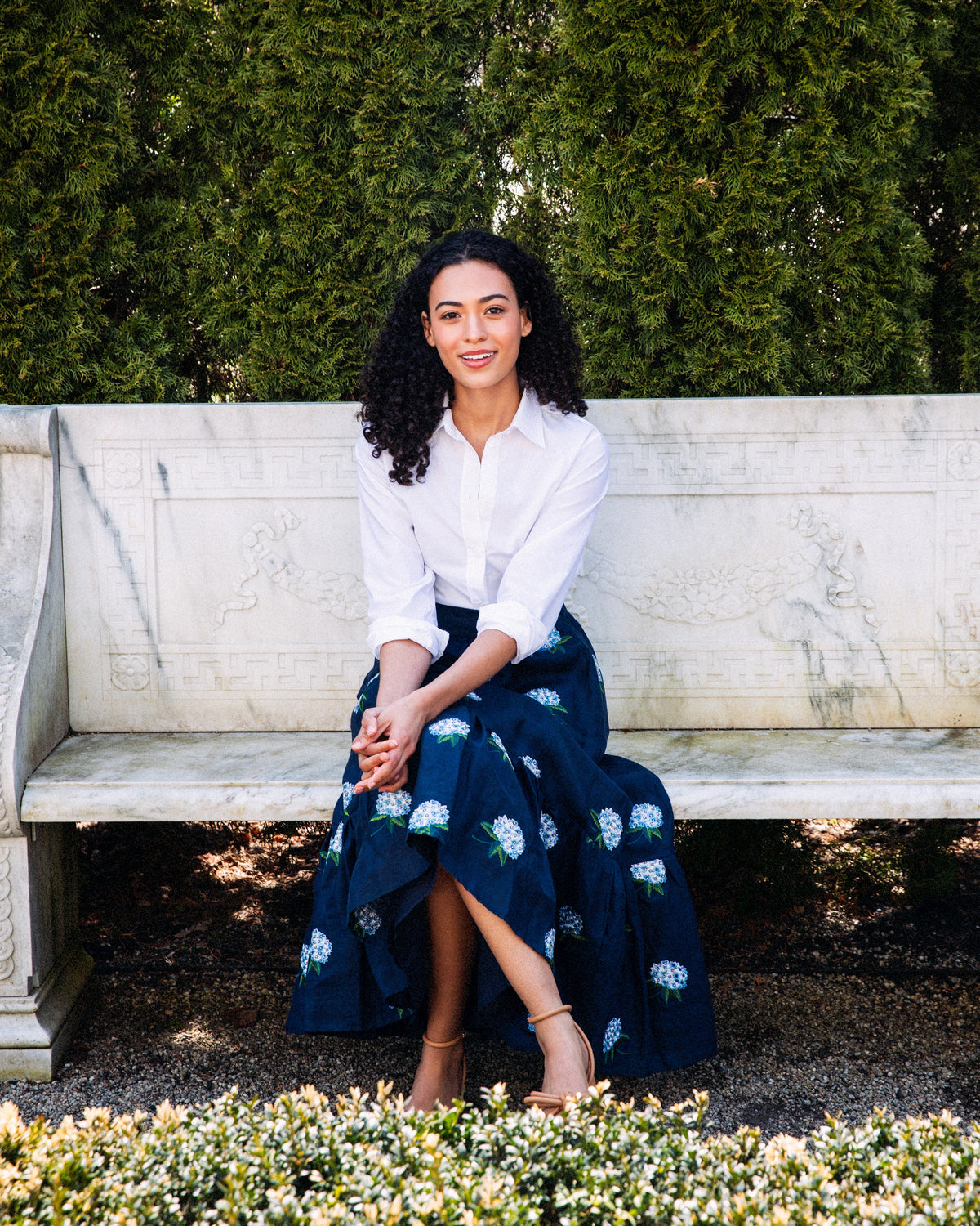 Hydrangea Embroidered Linen Skirt in Navy