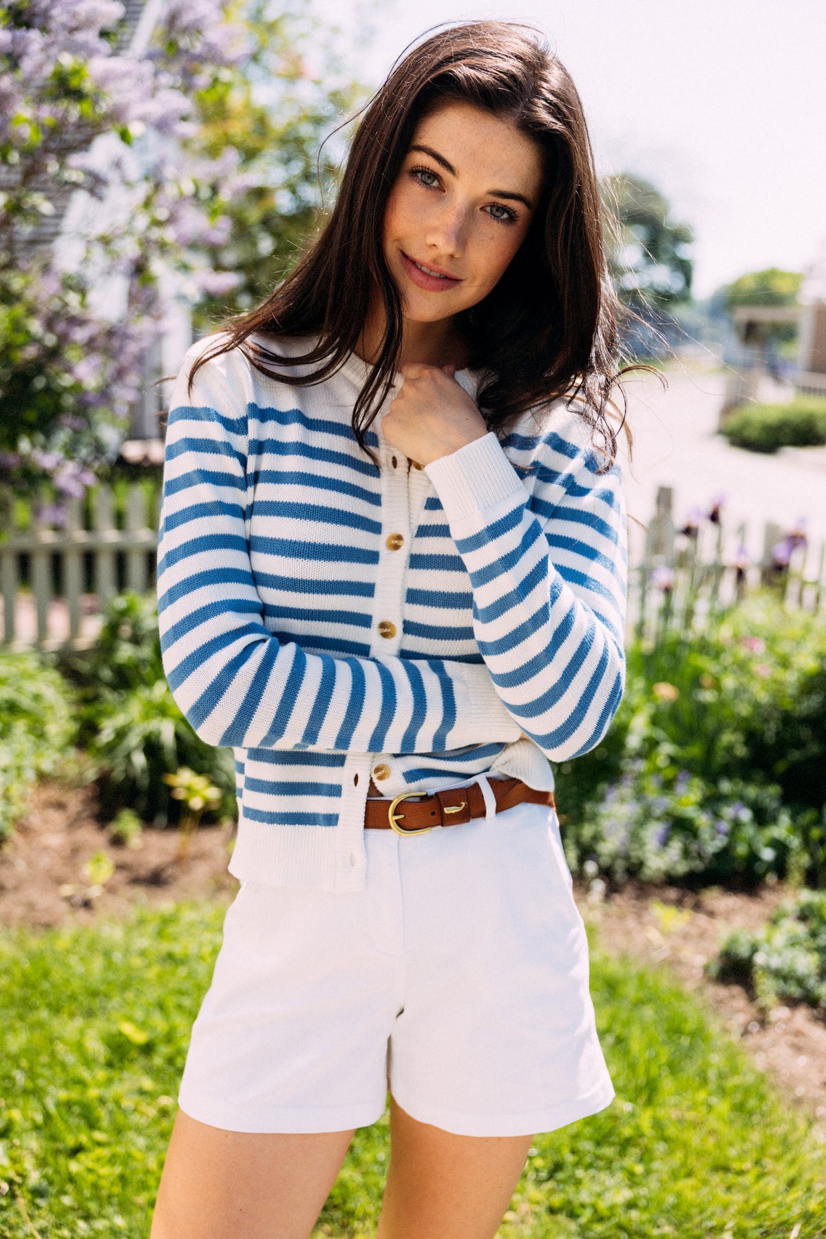 Hydrangea Embroidered Monogram Striped Cardigan
