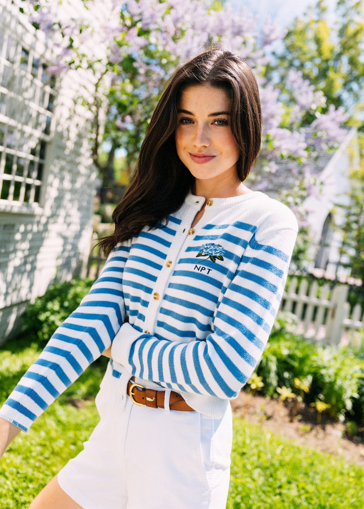 Hydrangea Embroidered Monogram Striped Cardigan