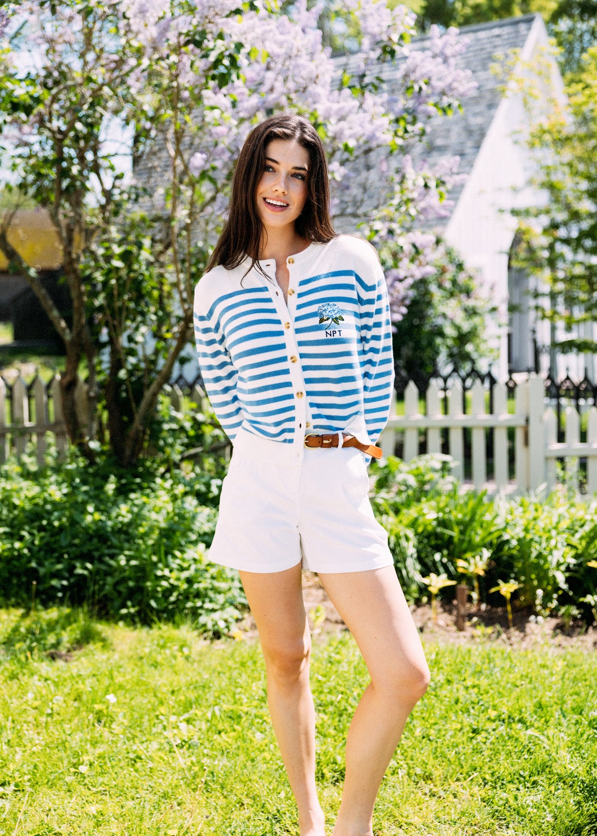 Hydrangea Embroidered Monogram Striped Cardigan