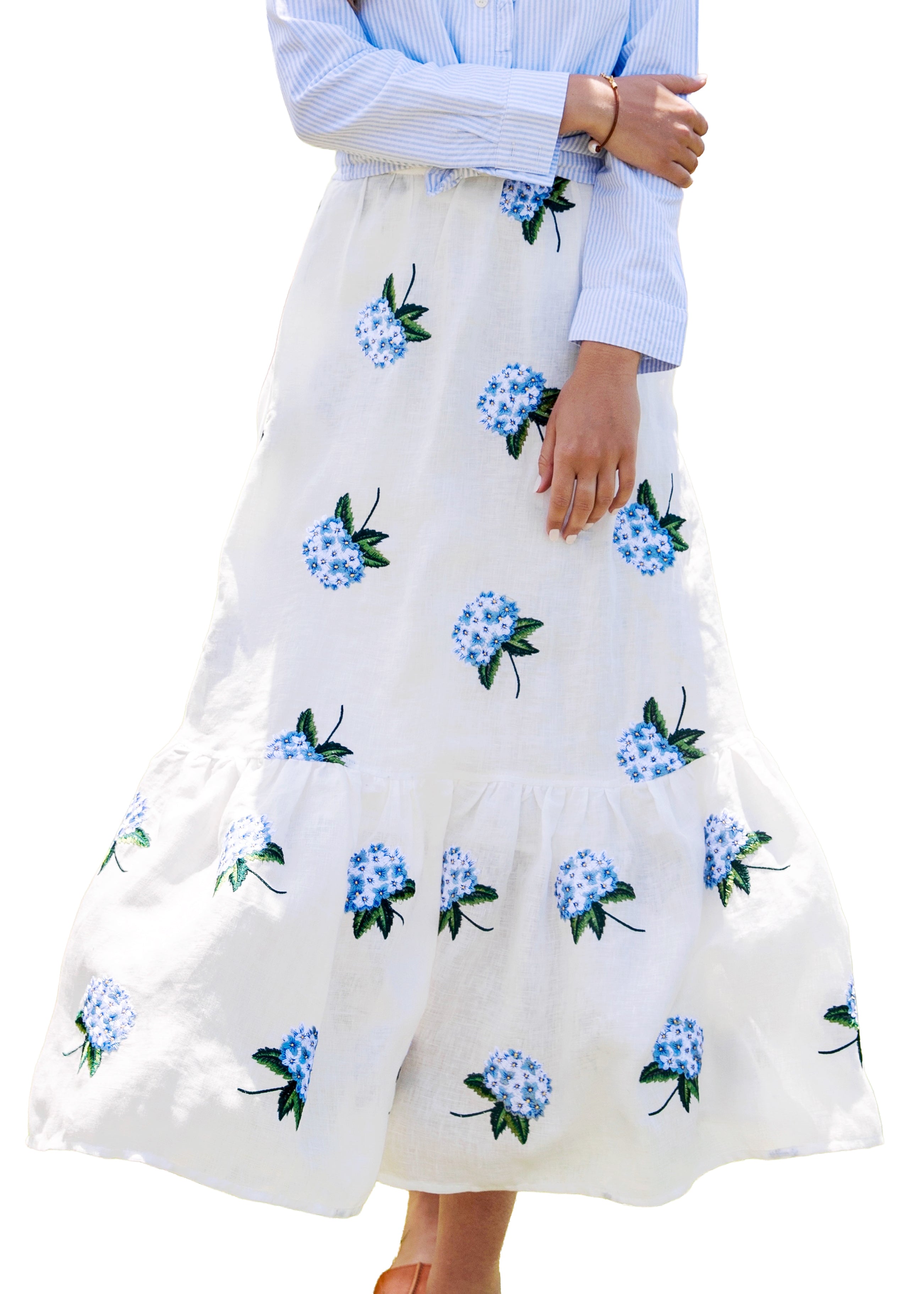 Hydrangea Embroidered Linen Skirt in White
