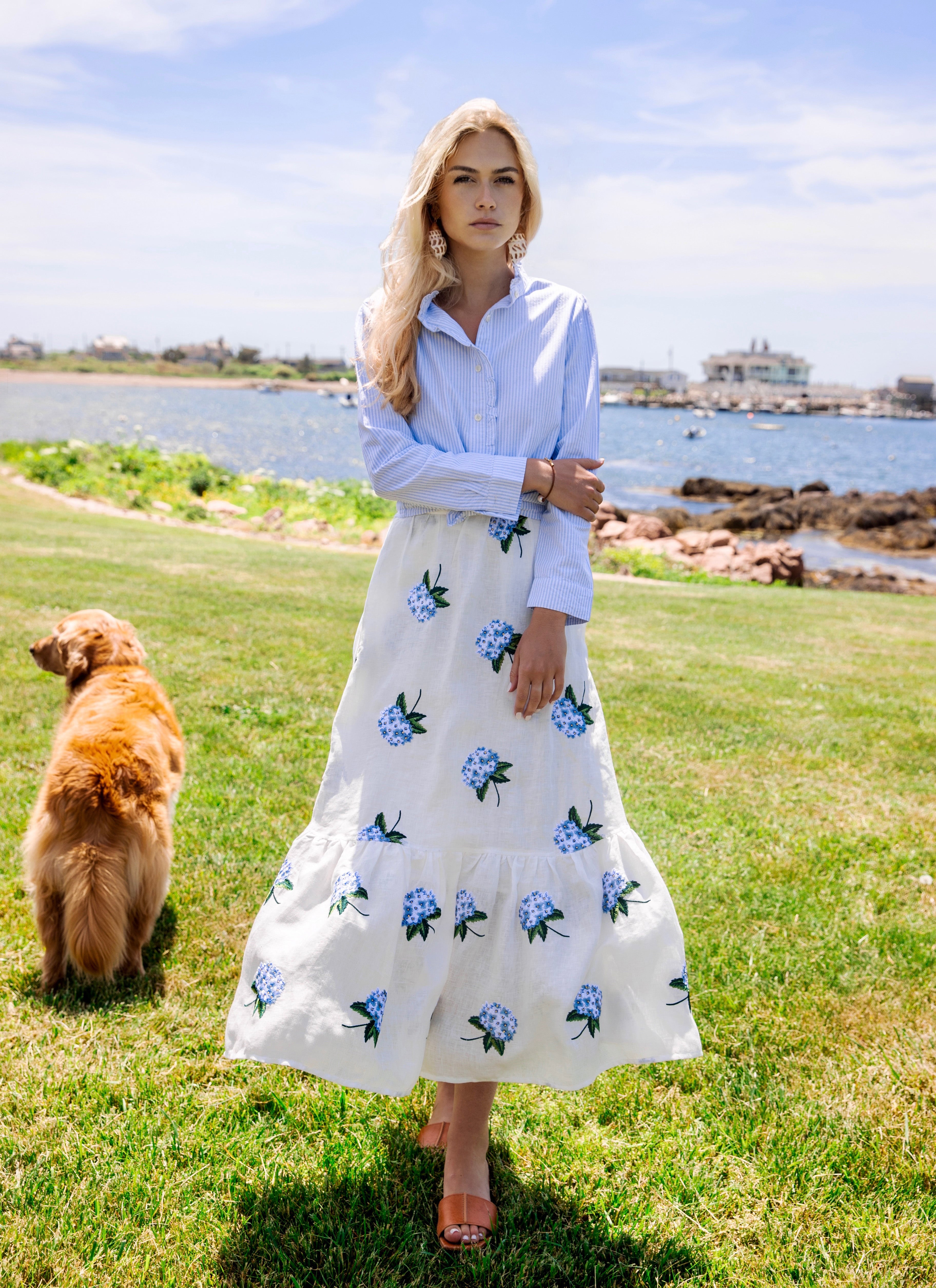 Hydrangea Embroidered Linen Skirt in White