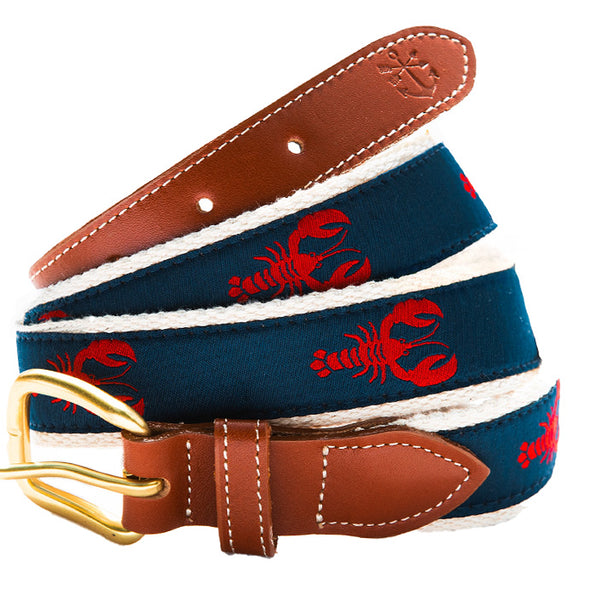Vintage Lobster Nautical Grosgrain Belt Pink Navy Blue Solid Brass Leather 38 Lobster Ribbon Belt with Leather Tabs: Skipjack Nautical Wares main image 4