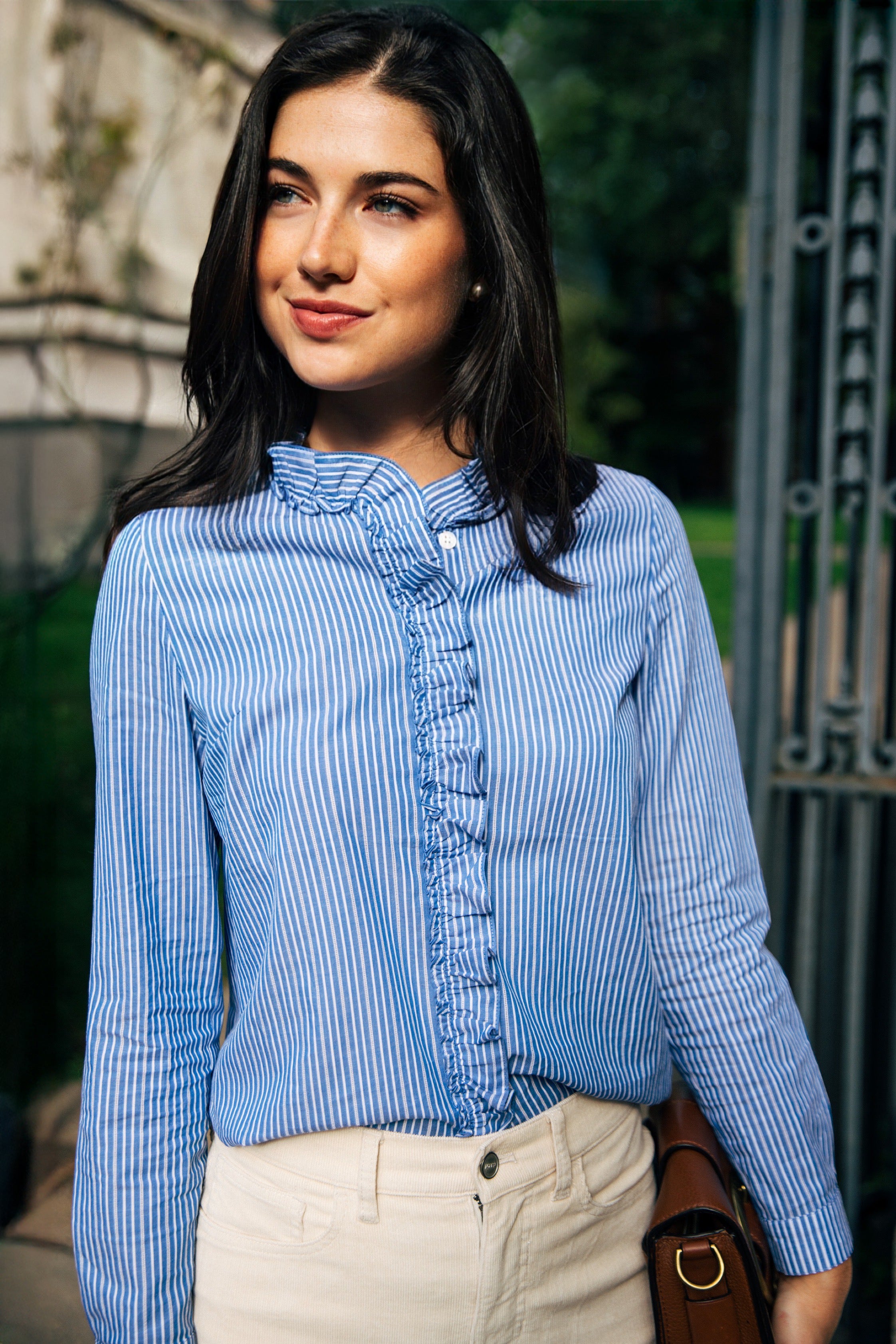 KJP Women's Mariner Stripe Ruffle Dress Shirt in Blue and White