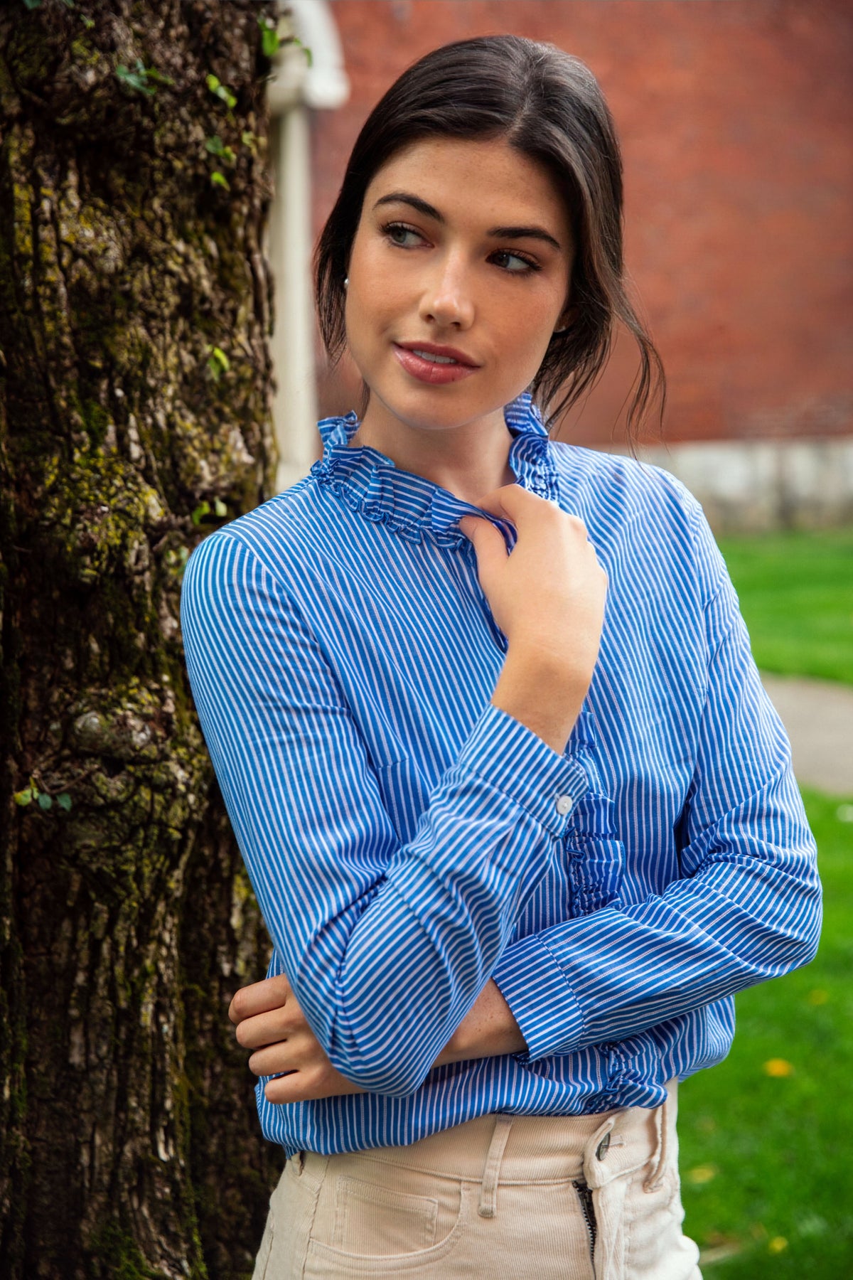 dark blue striped dress shirt KJP Women's Mariner Stripe Ruffle in and White S A wardrobe staple date-night 1970s black sequin halter Size:UK 22