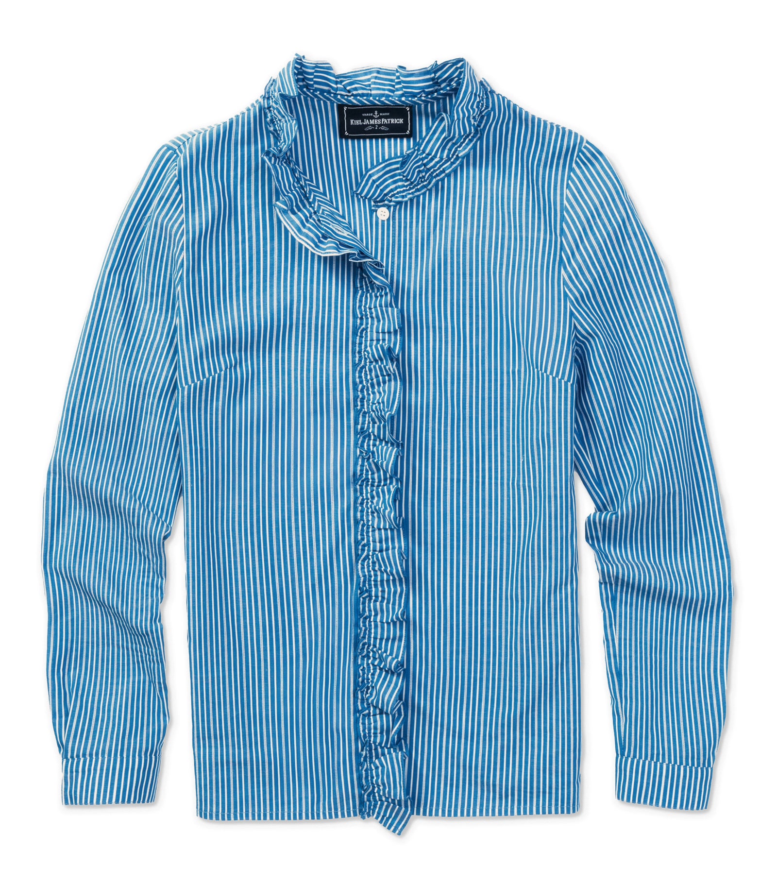 KJP Women's Mariner Stripe Ruffle Dress Shirt in Blue and White