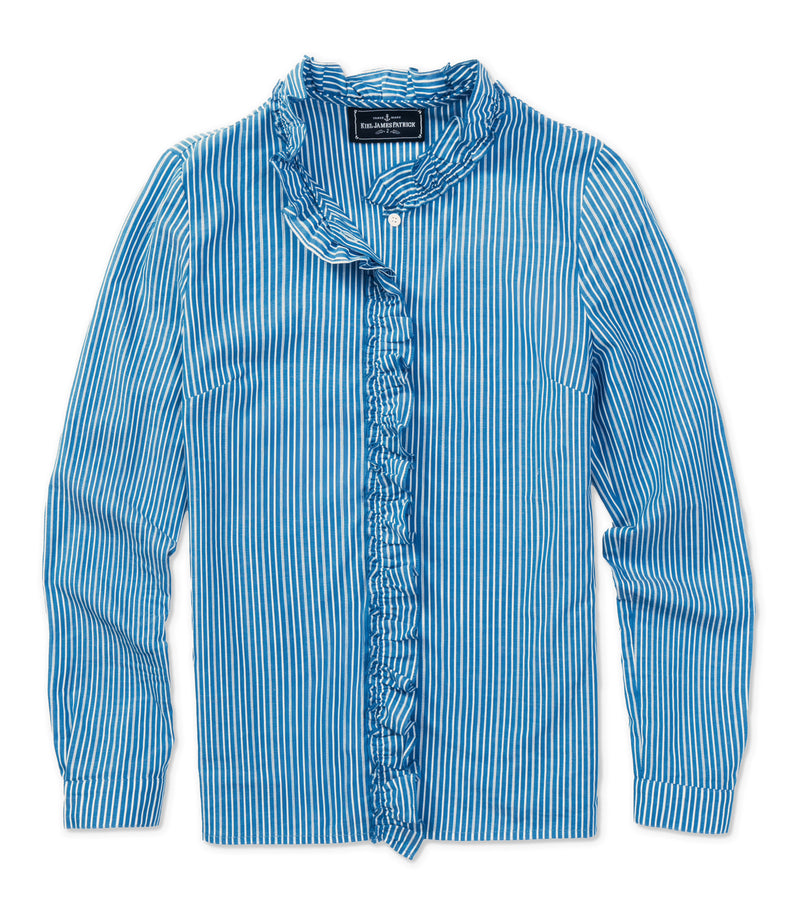 KJP Women's Mariner Stripe Ruffle Dress Shirt in Blue and White S KJP Women's Mariner Stripe Ruffle Dress Shirt in Blue and White S