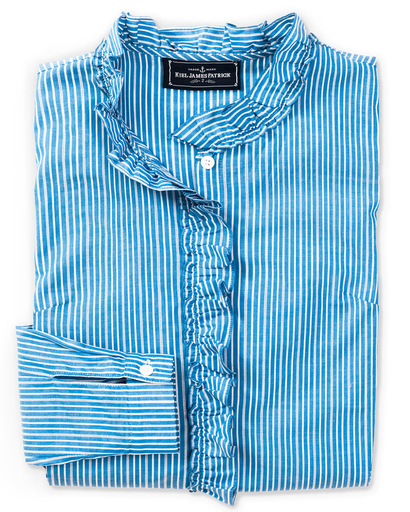KJP Women's Mariner Stripe Ruffle Dress Shirt in Blue and White S KJP Women's Mariner Stripe Ruffle Dress Shirt in Blue and White S