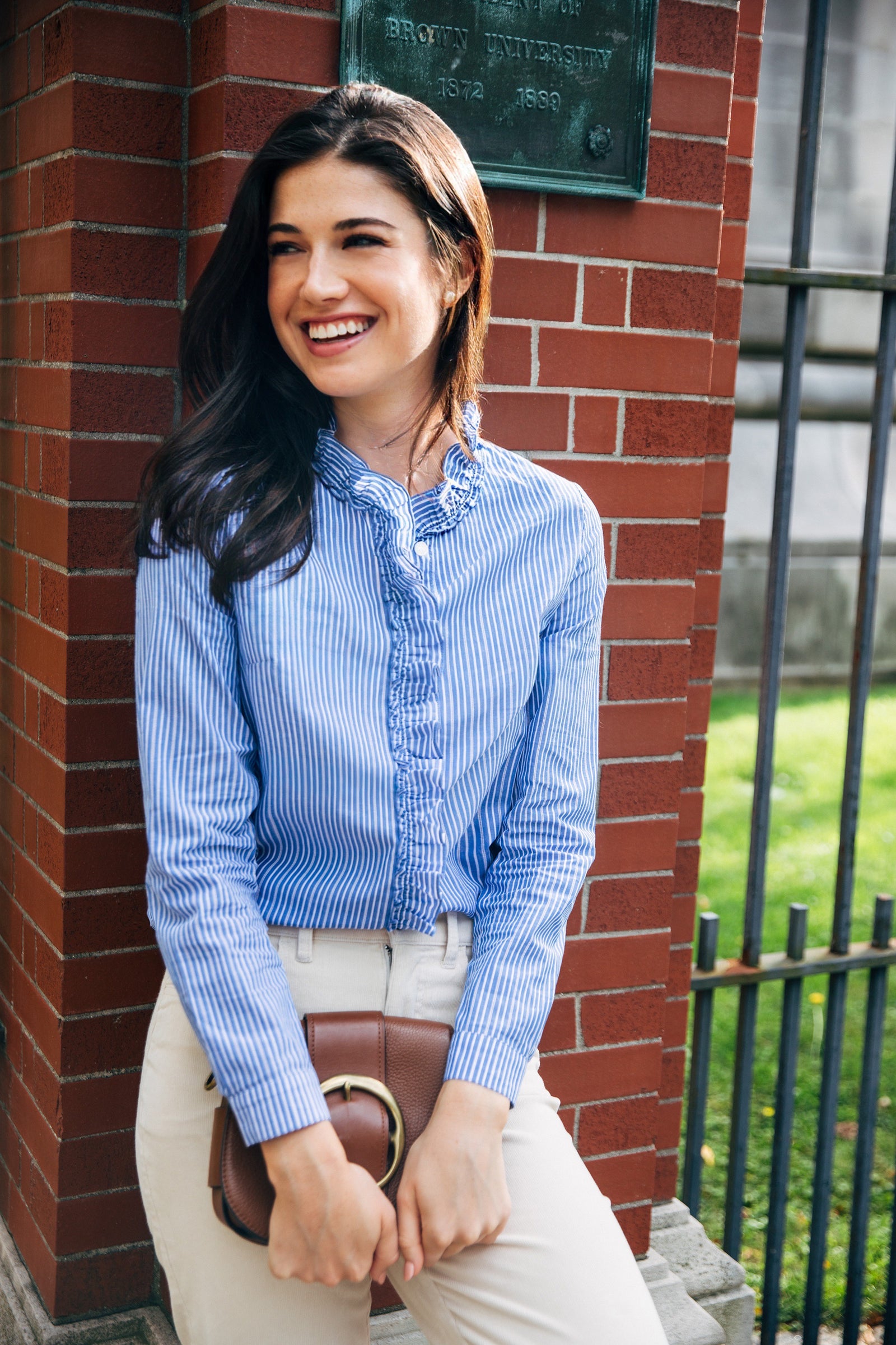 KJP Women's Mariner Stripe Ruffle Dress Shirt in Blue and White