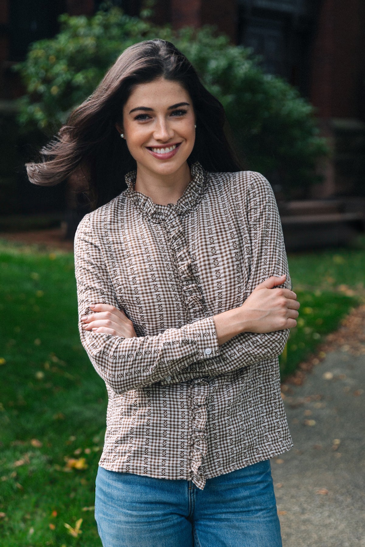 Mayfair Check Ruffle Shirt in Brown