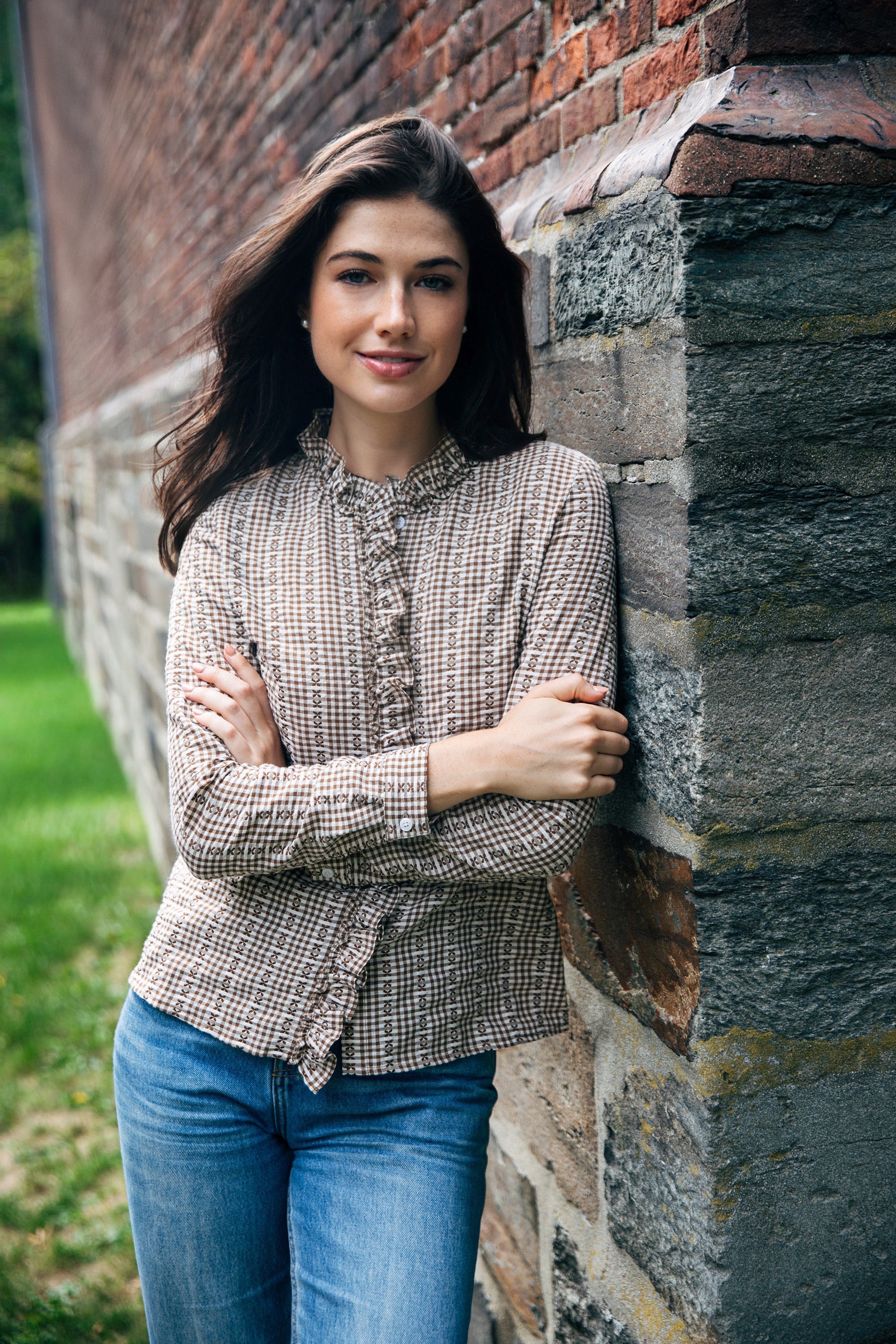KJP Women's Mayfair Check Ruffle Dress Shirt in Brown and White