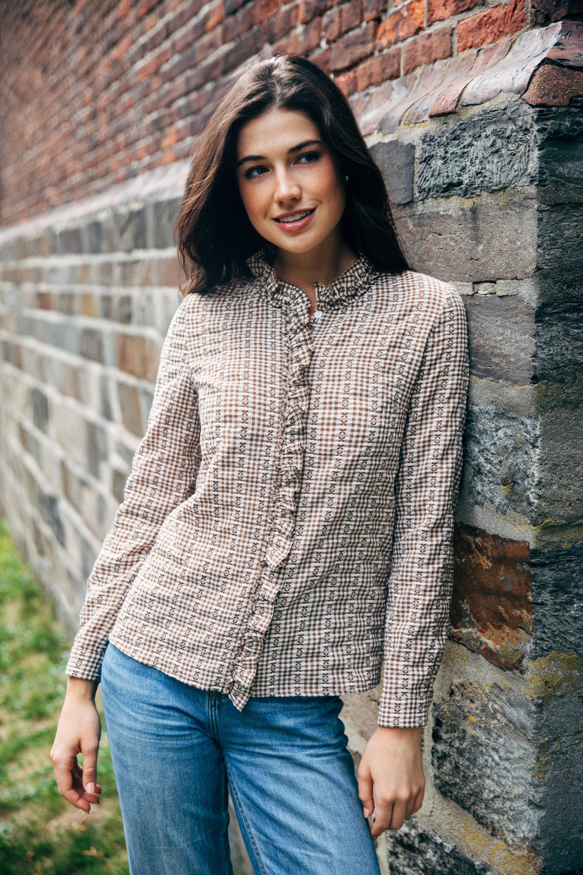 Mayfair Check Ruffle Shirt in Brown