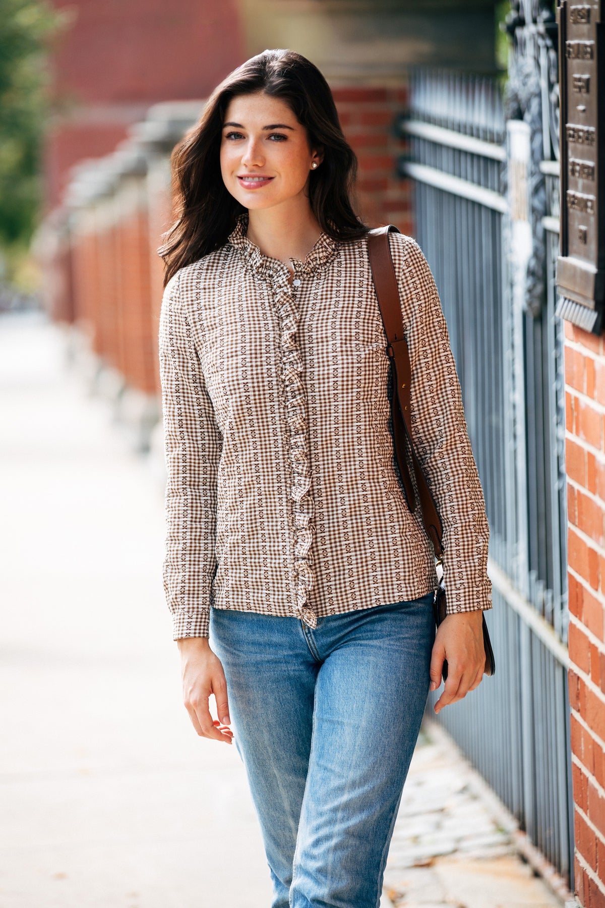 Mayfair Check Ruffle Shirt in Brown