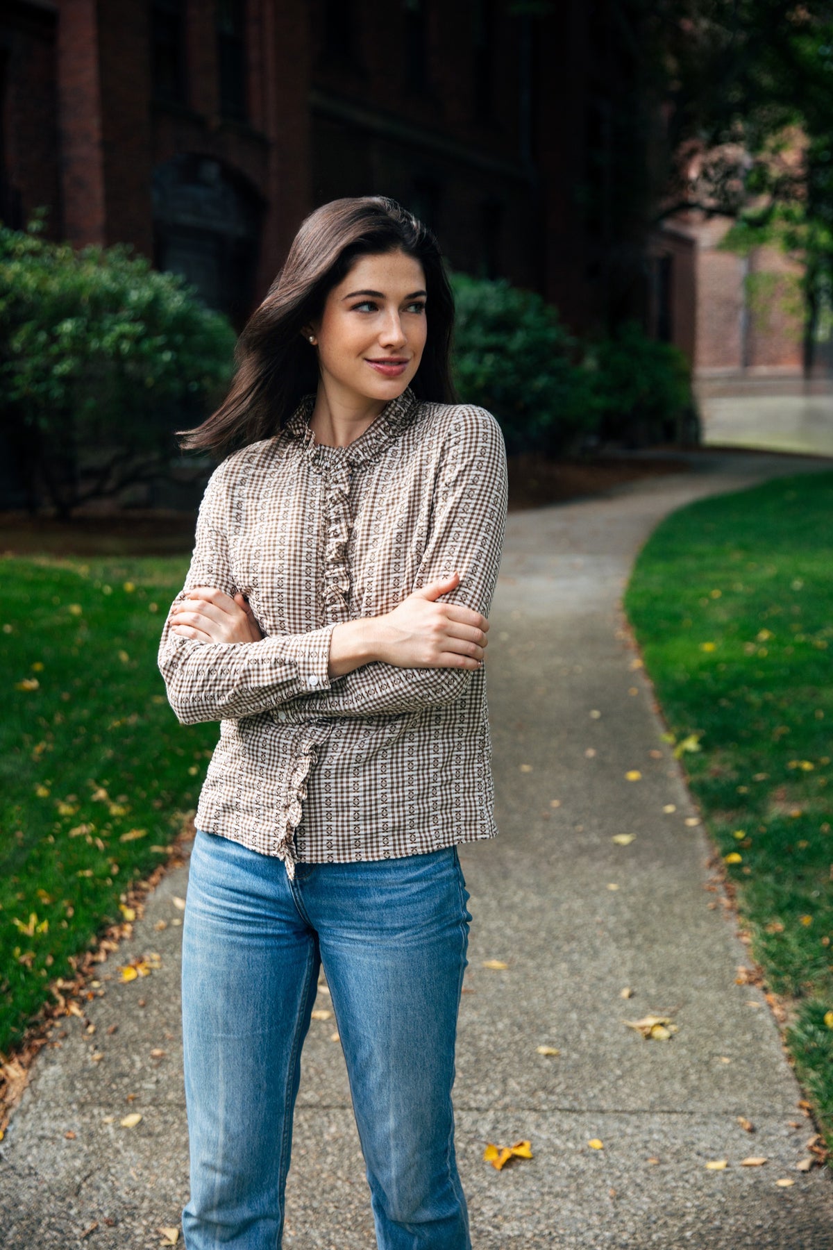 Mayfair Check Ruffle Shirt in Brown