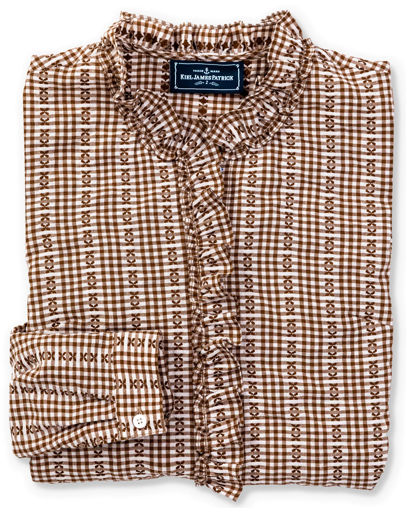 KJP Women's Mayfair Check Ruffle Dress Shirt in Brown and White Kiel James Patrick KJP Women's Mayfair Check Ruffle Dress Shirt in Brown and White Kiel James Patrick