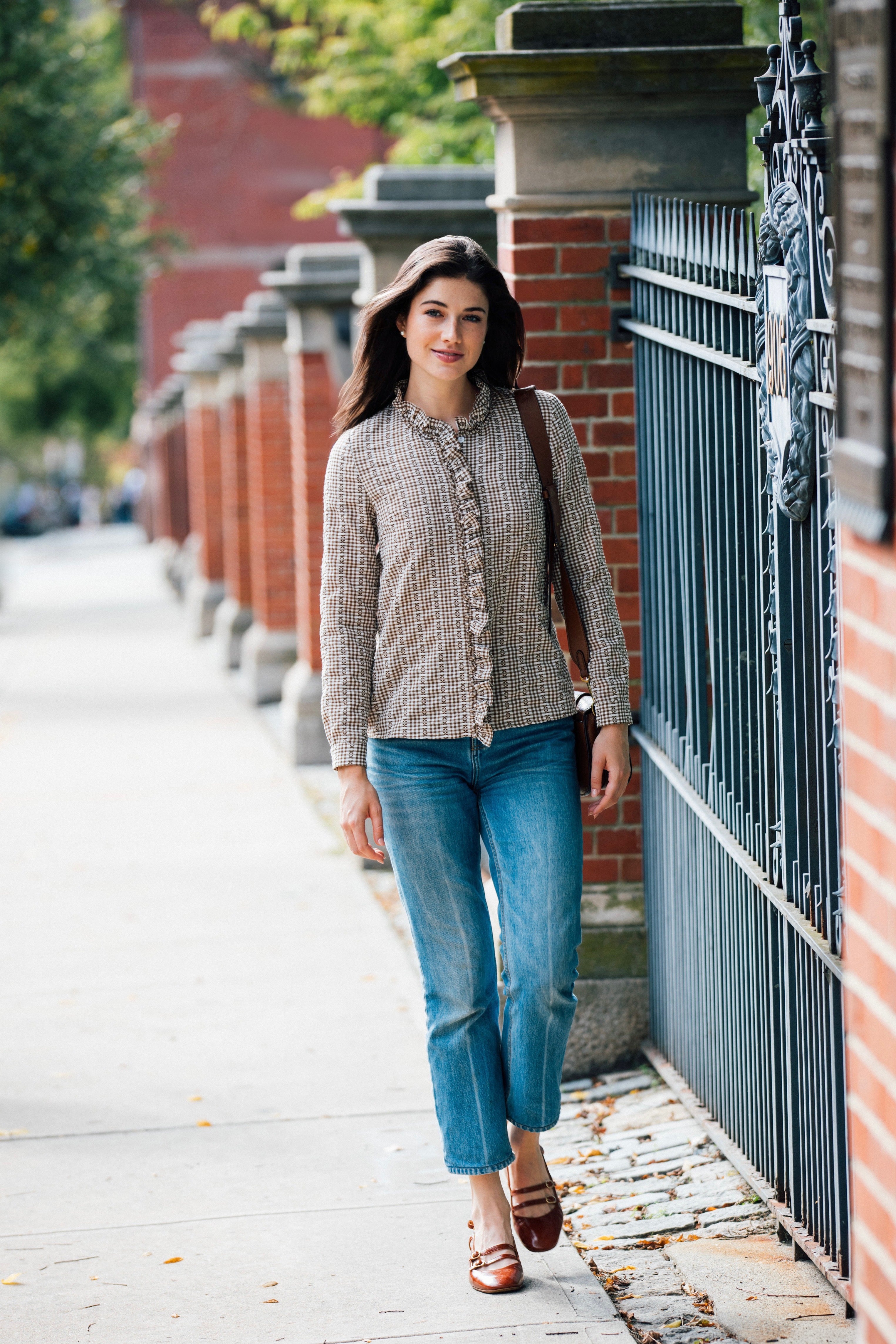 KJP Women's Mayfair Check Ruffle Dress Shirt in Brown and White – Kiel ...