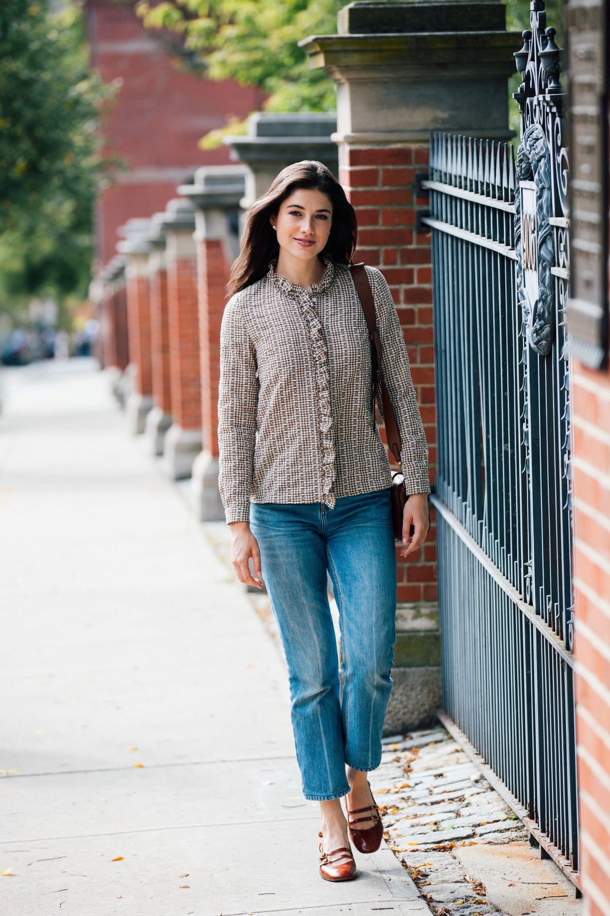 Mayfair Check Ruffle Shirt in Brown