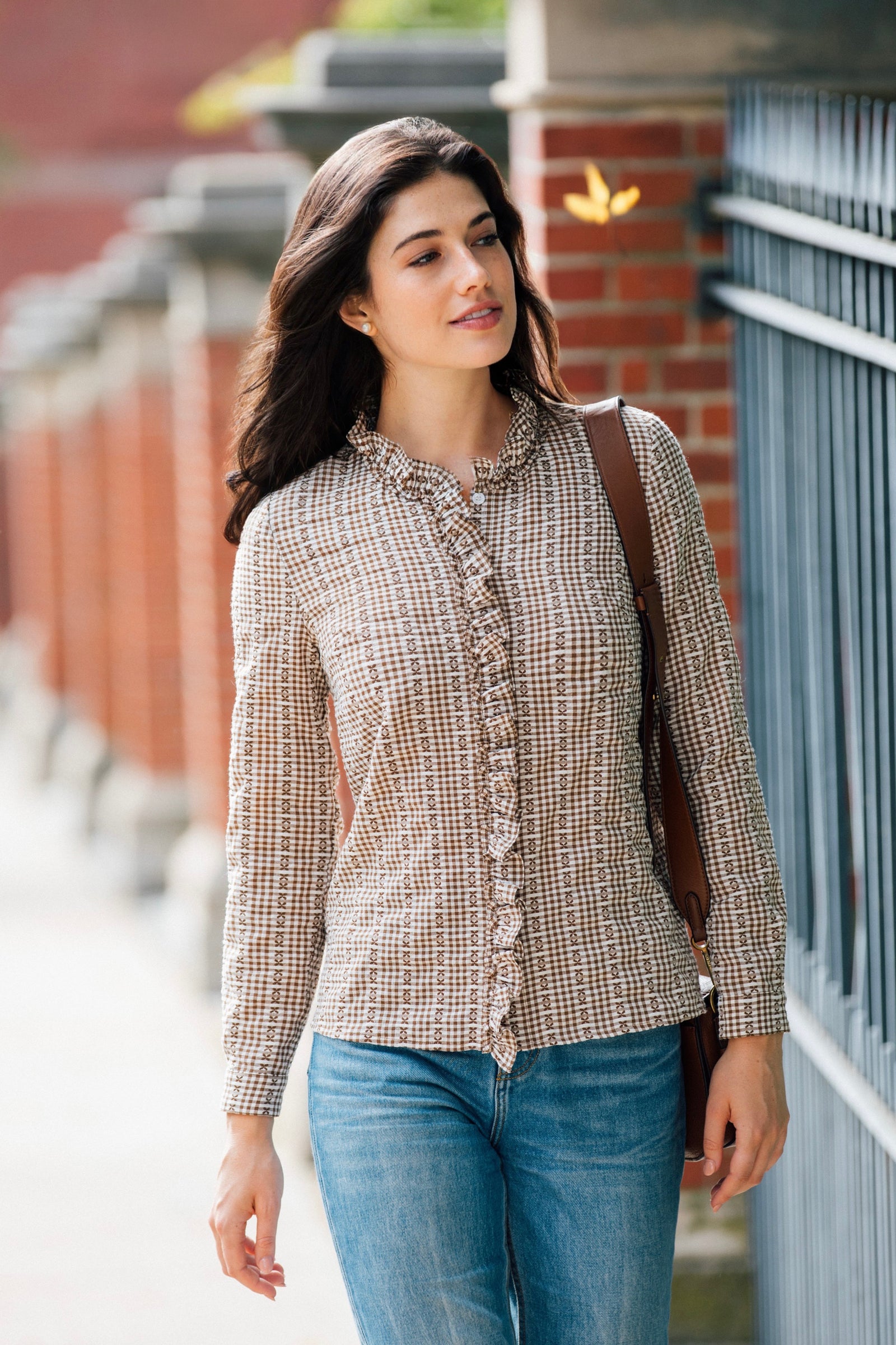 KJP Women's Mayfair Check Ruffle Dress Shirt in Brown and White