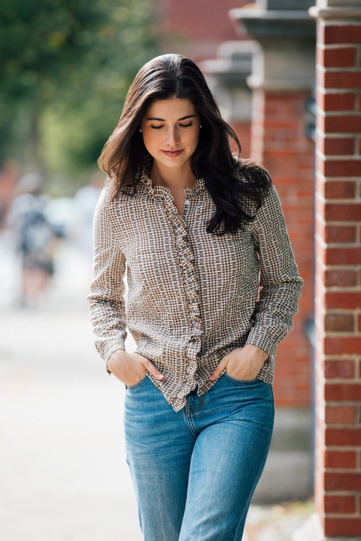 Mayfair Check Ruffle Shirt in Brown